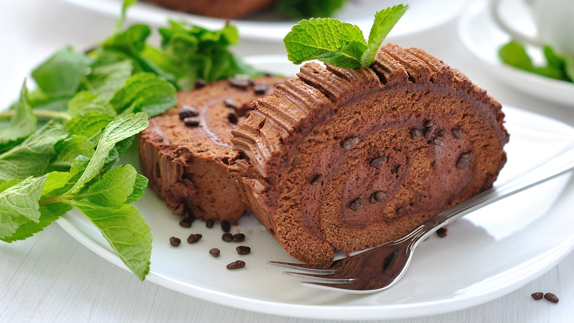 Chocolate Fork Mint Leaves Cake Plates 1920x1080