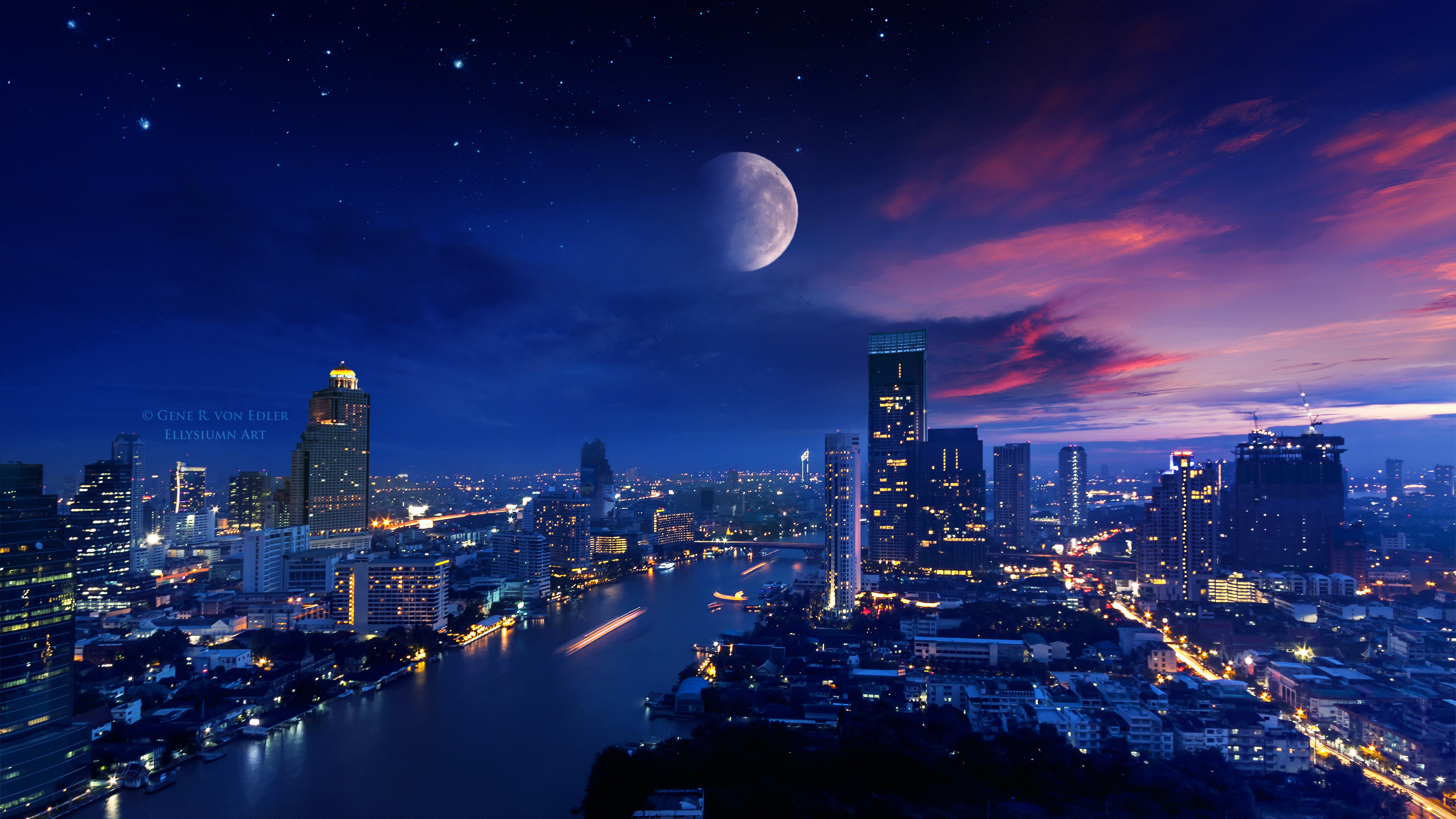 Landscape Cityscape Ellysiumn City Moon City Lights Digital Art Digital Night Architecture Building 3840x2160