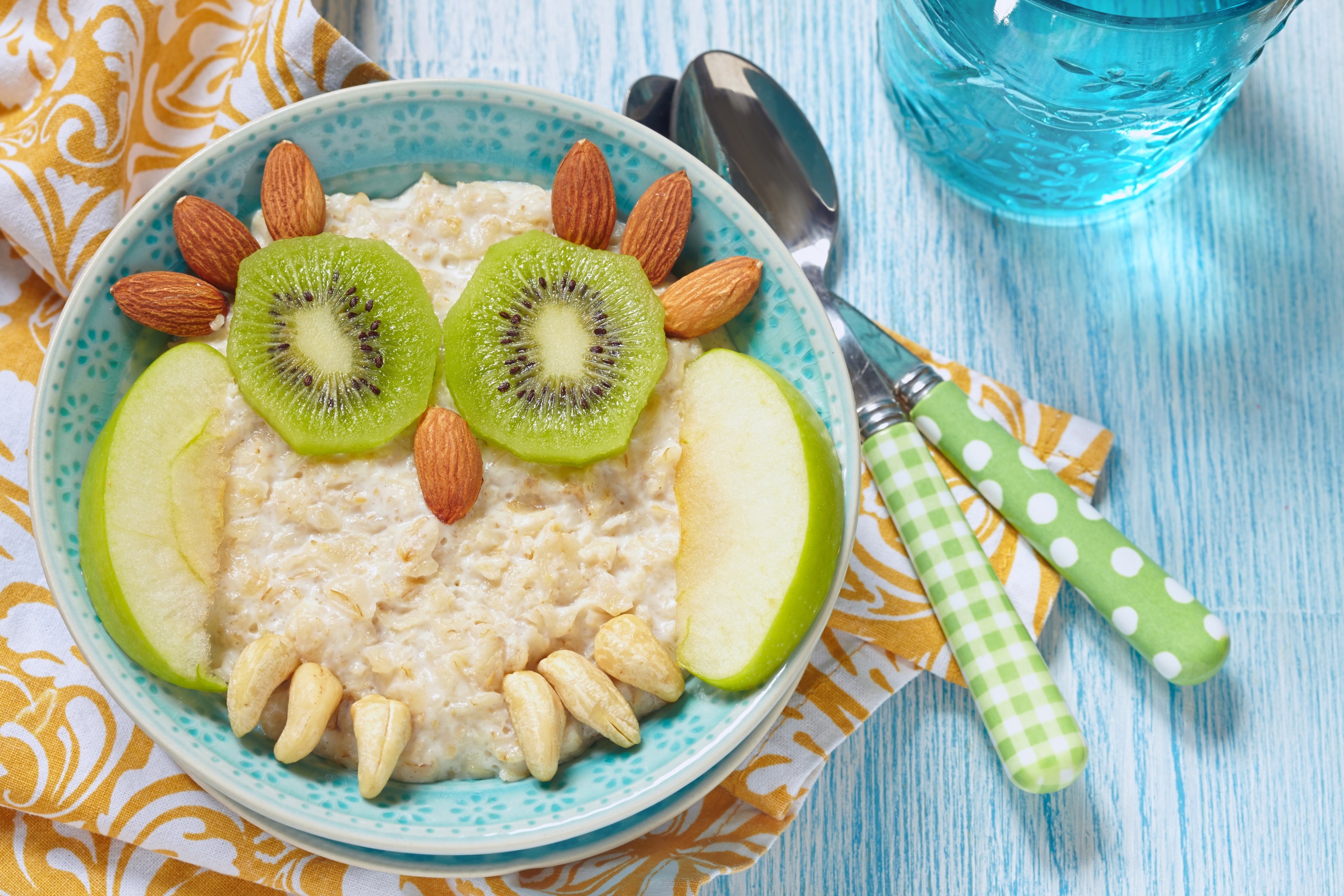Food Kiwi Fruit Spoon Apples Breakfast Colorful Oatmeal Nuts Owl Fruit 2560x1707