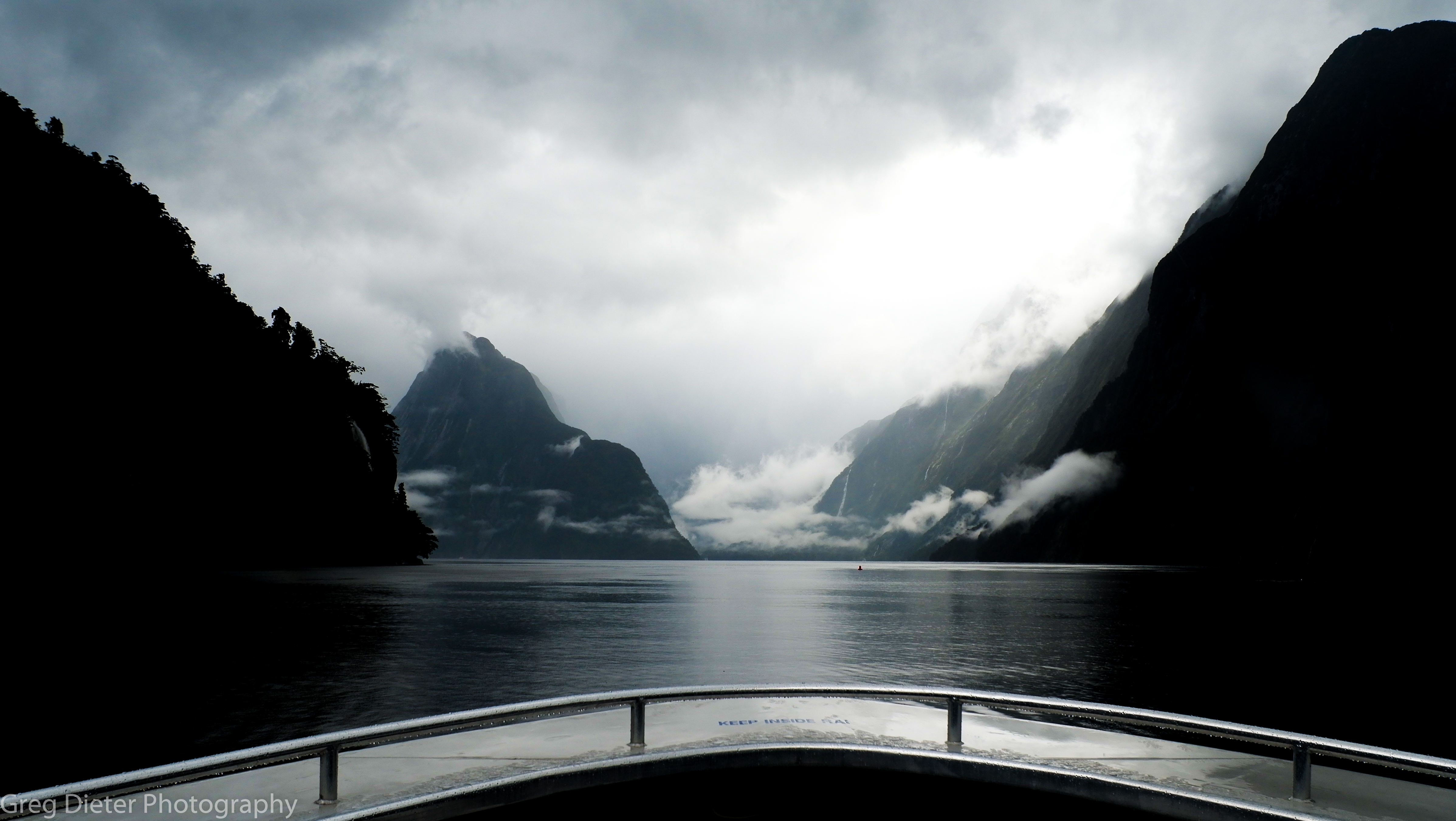 New Zealand Nature Milford Sound Lake Boat Clouds Reflection Sea Gray 4791x2701