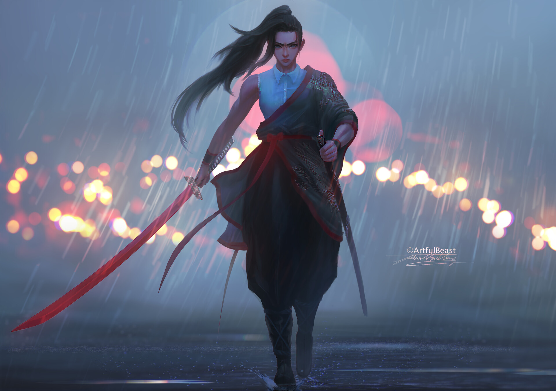 Women Fantasy Girl Brunette Ponytail Long Hair Samurai Looking At Viewer Walking Rain Katana Weapon  1920x1353