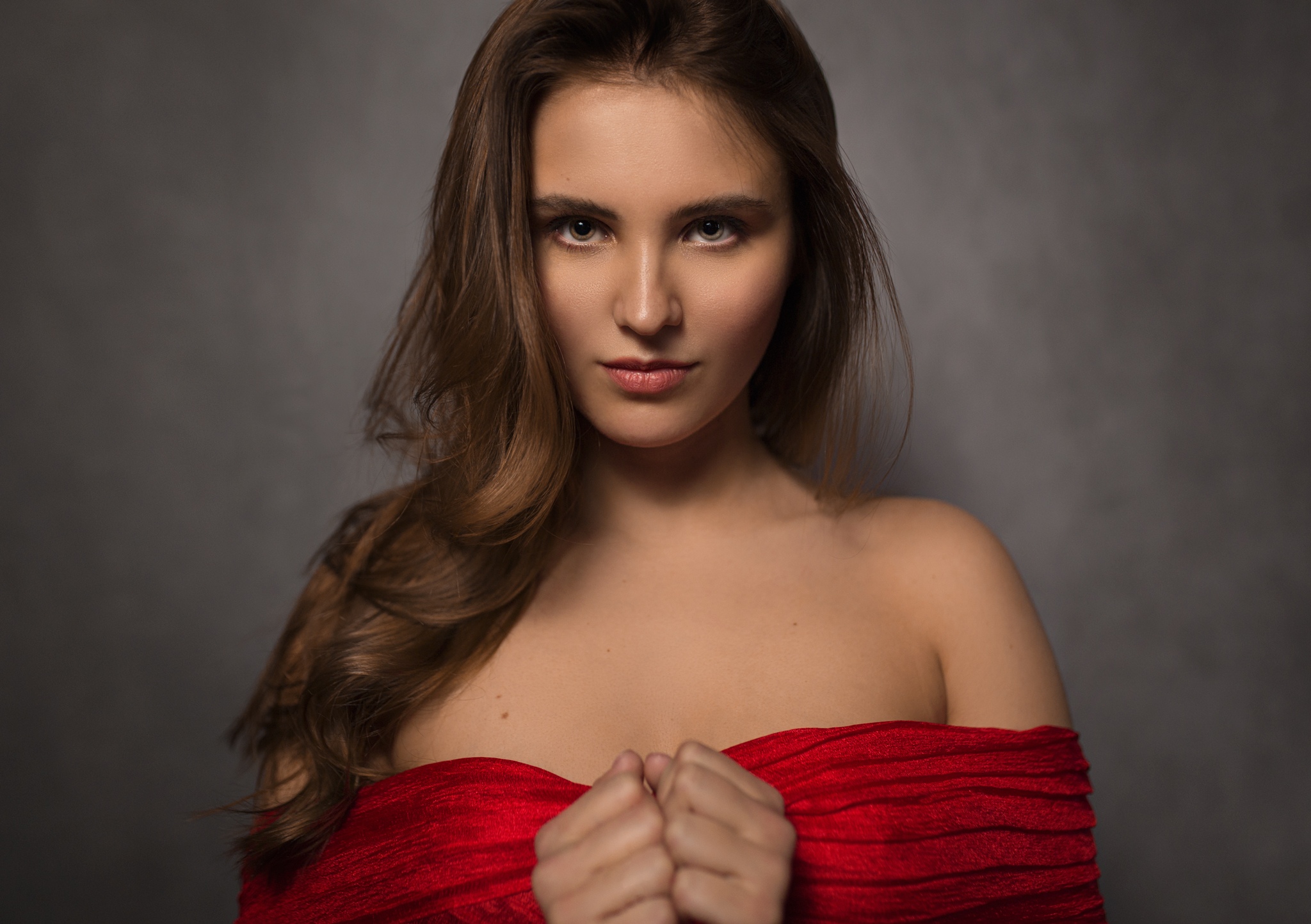 Women Model Brunette Long Hair Looking At Viewer Face Portrait Bare Shoulders Dress Red Dress Hands  2048x1444