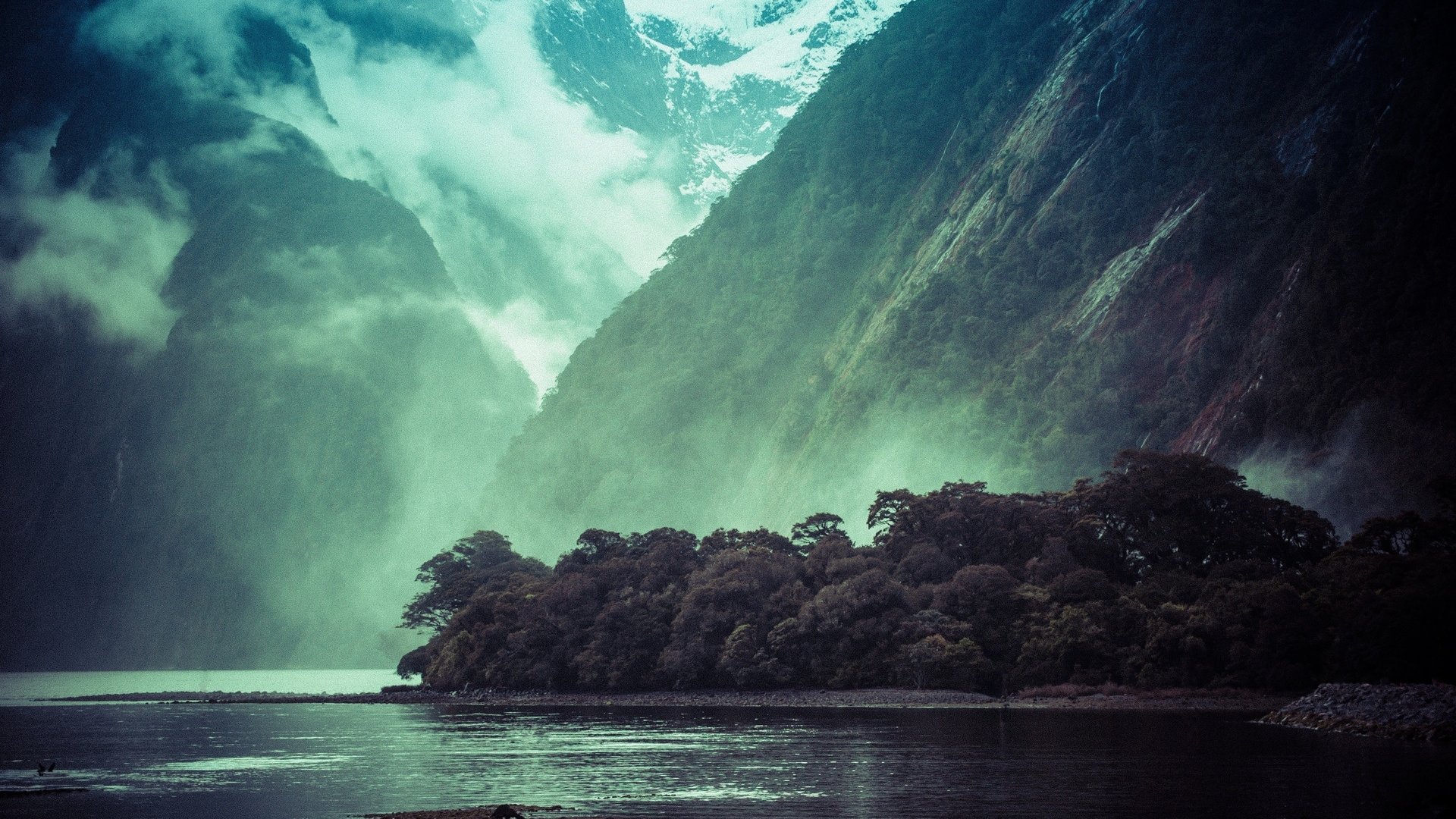 Mountains Landscape Mist Clouds River Trees Forest Nature Milford Sound New Zealand Fjord 1920x1080