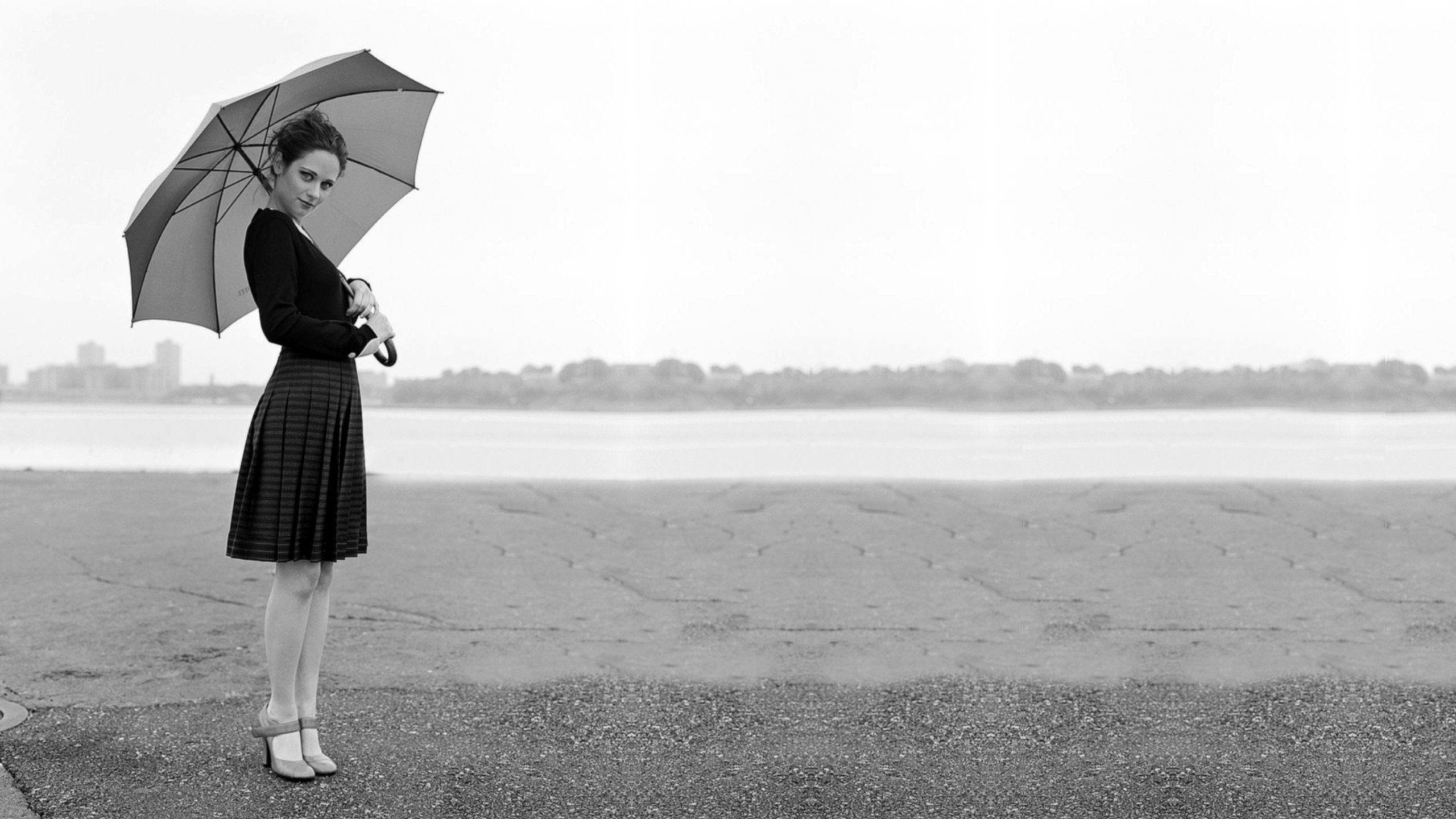 Monochrome Actress Women Women Outdoors Umbrella Plaid Skirt Black Sweater Looking At Viewer Women W 2560x1440