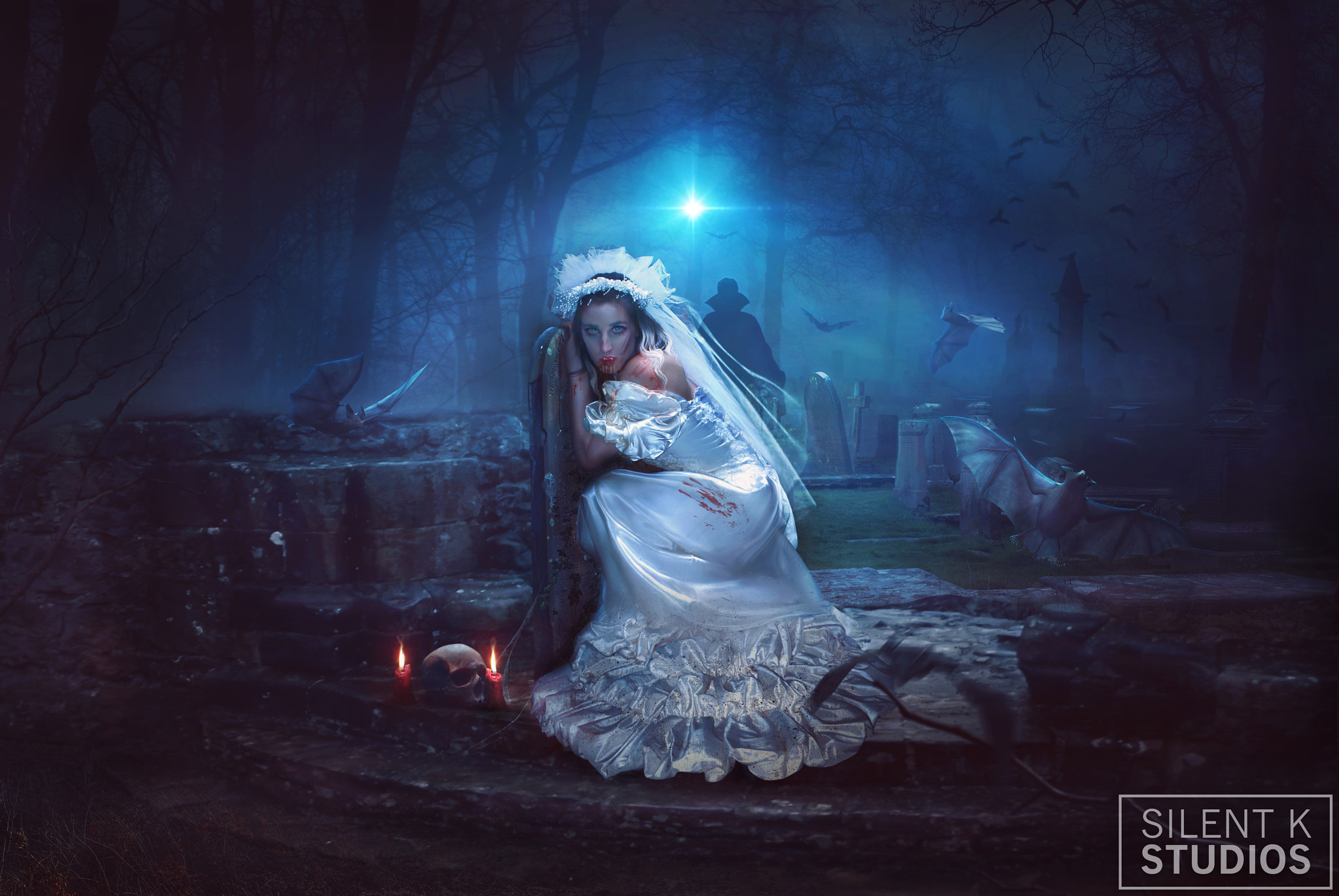 Horror Women Model Vampires Graveyards Bats Dark Wedding Dress Halloween Cyan 2048x1371