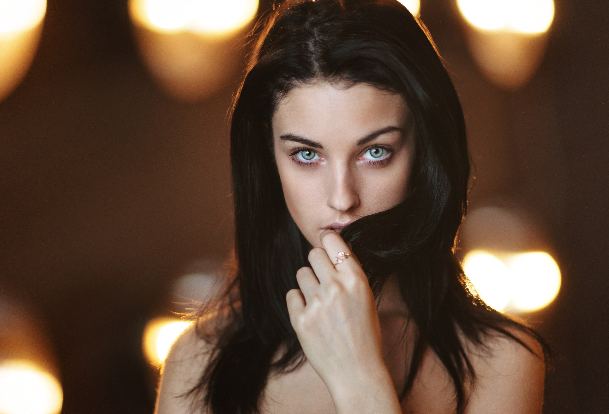 Alla Berger Bare Shoulders Portrait Face Model Brunette Women Looking At Viewer Depth Of Field Gray  2048x1392