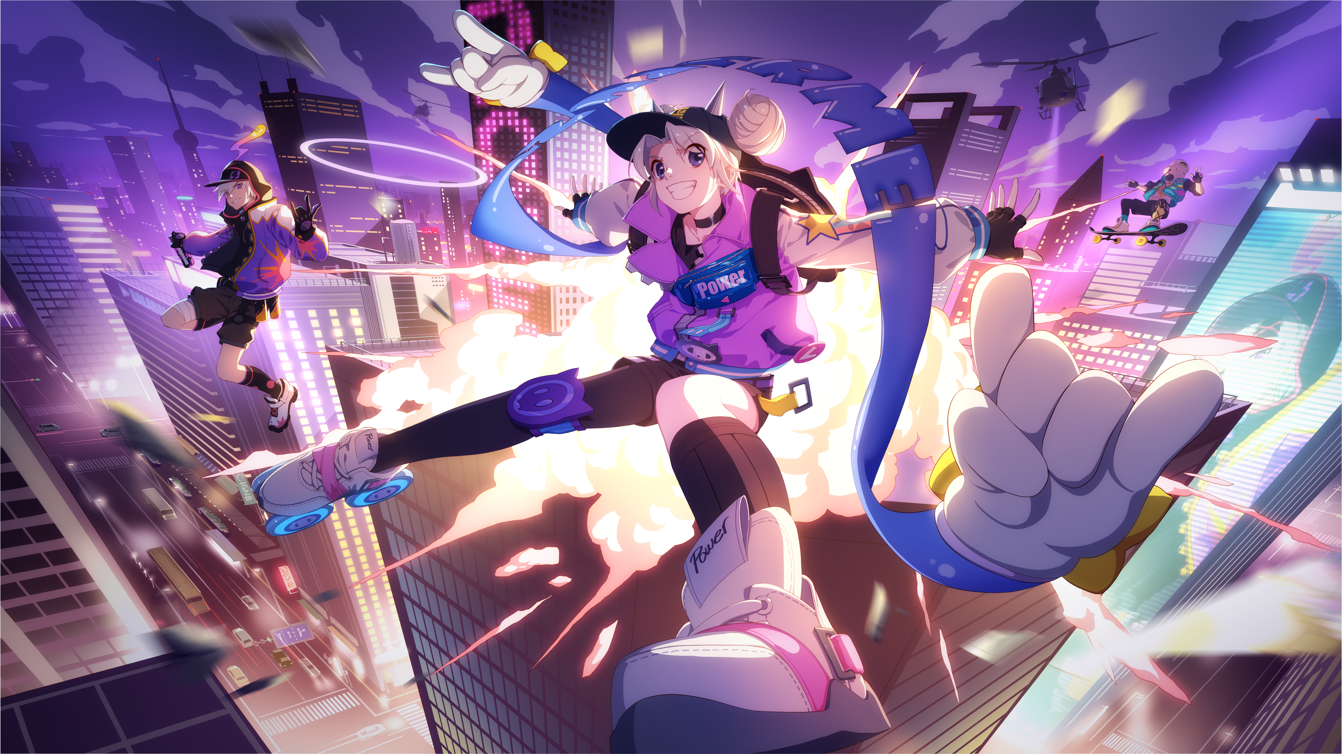 Anime Girls Anime Boys Silver Hair Smiling Science Fiction City Night Explosion Baseball Caps Skateb 5634x3169