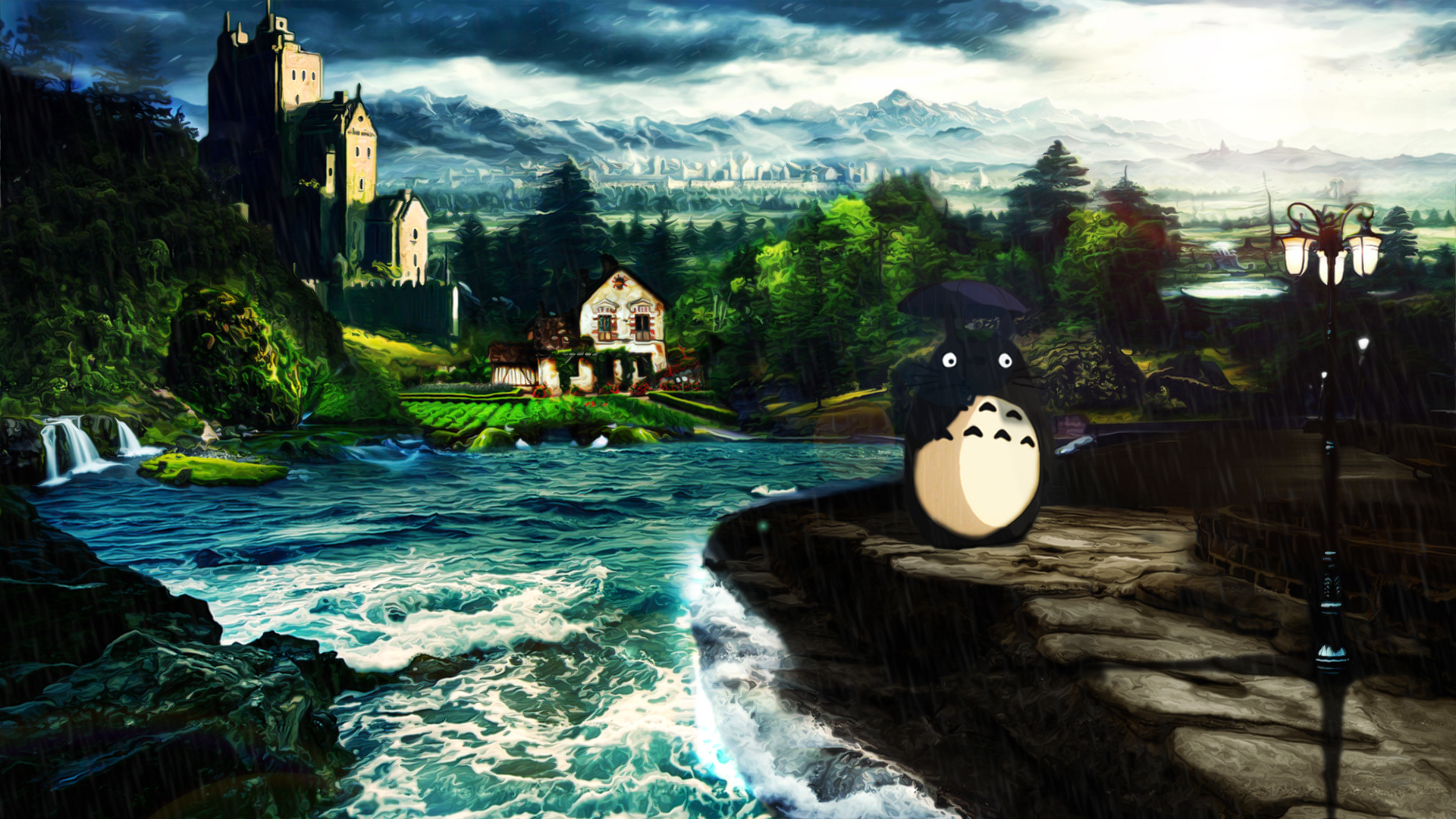 Totoro Studio Ghibli Digital Art Photoshop Photo Manipulation Rain Sea Monsters Landscape Castle Ani 1920x1080
