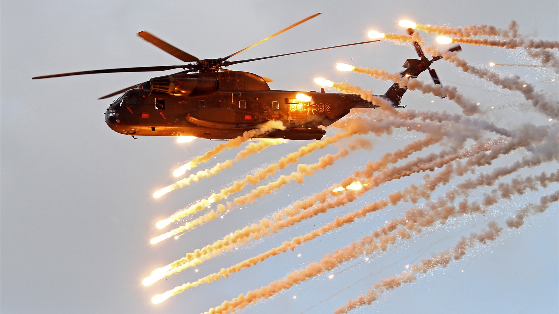 Helicopter Aircraft Sky Flares Smoke 1920x1080
