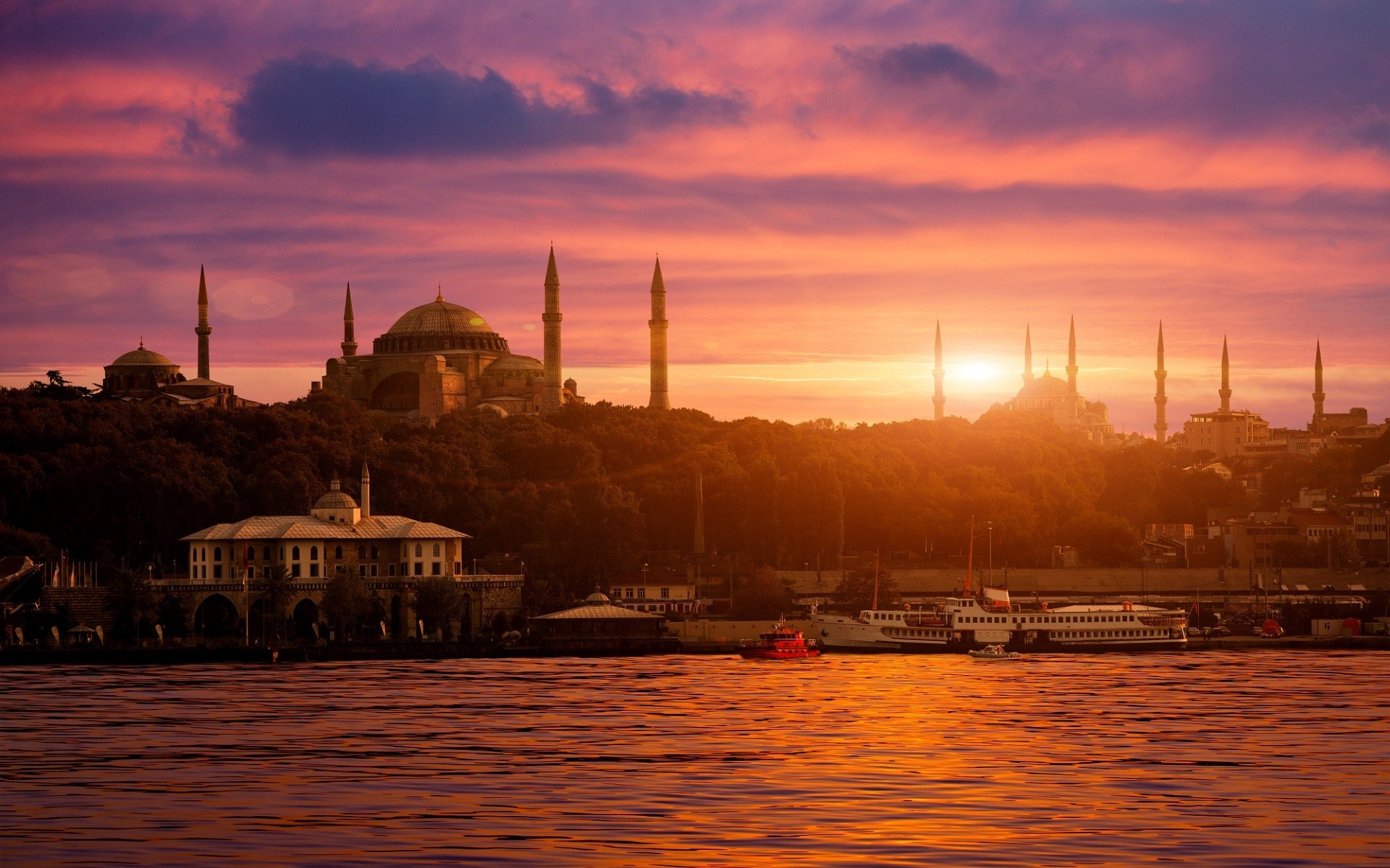 City Cityscape Istanbul Turkey Sultan Ahmed Mosque Hagia Sophia Sea Bosphorus Sunset Ship Architectu 1920x1200