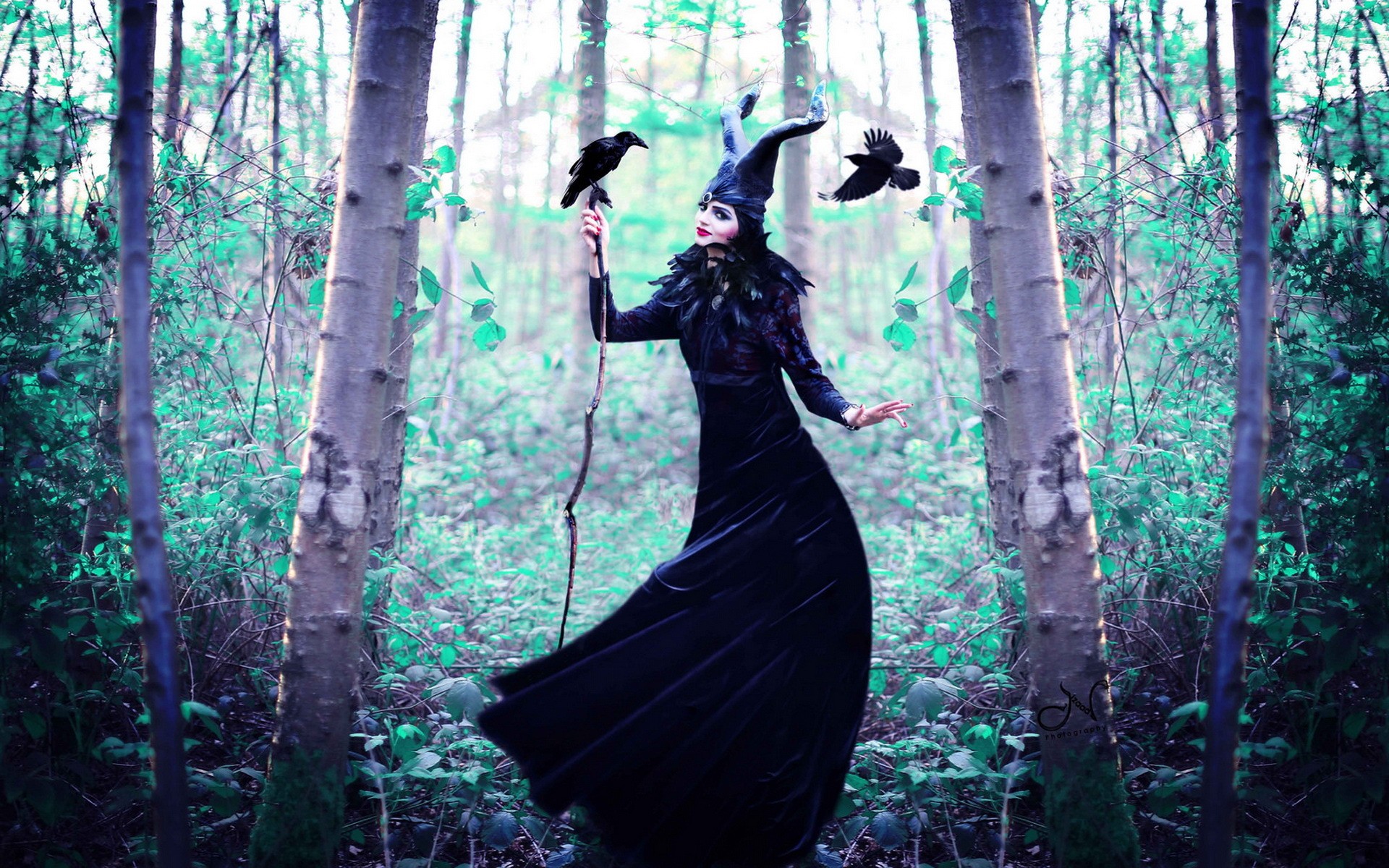 Fantasy Art Witch Women Cosplay Spooky Maleficent Cyan 1920x1200