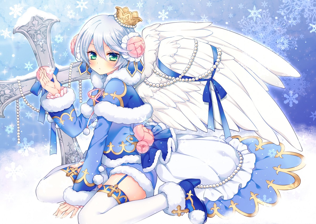 Sky Blue Hair Anime Girls Anime Wings Snow Crown Green Eyes 1200x853