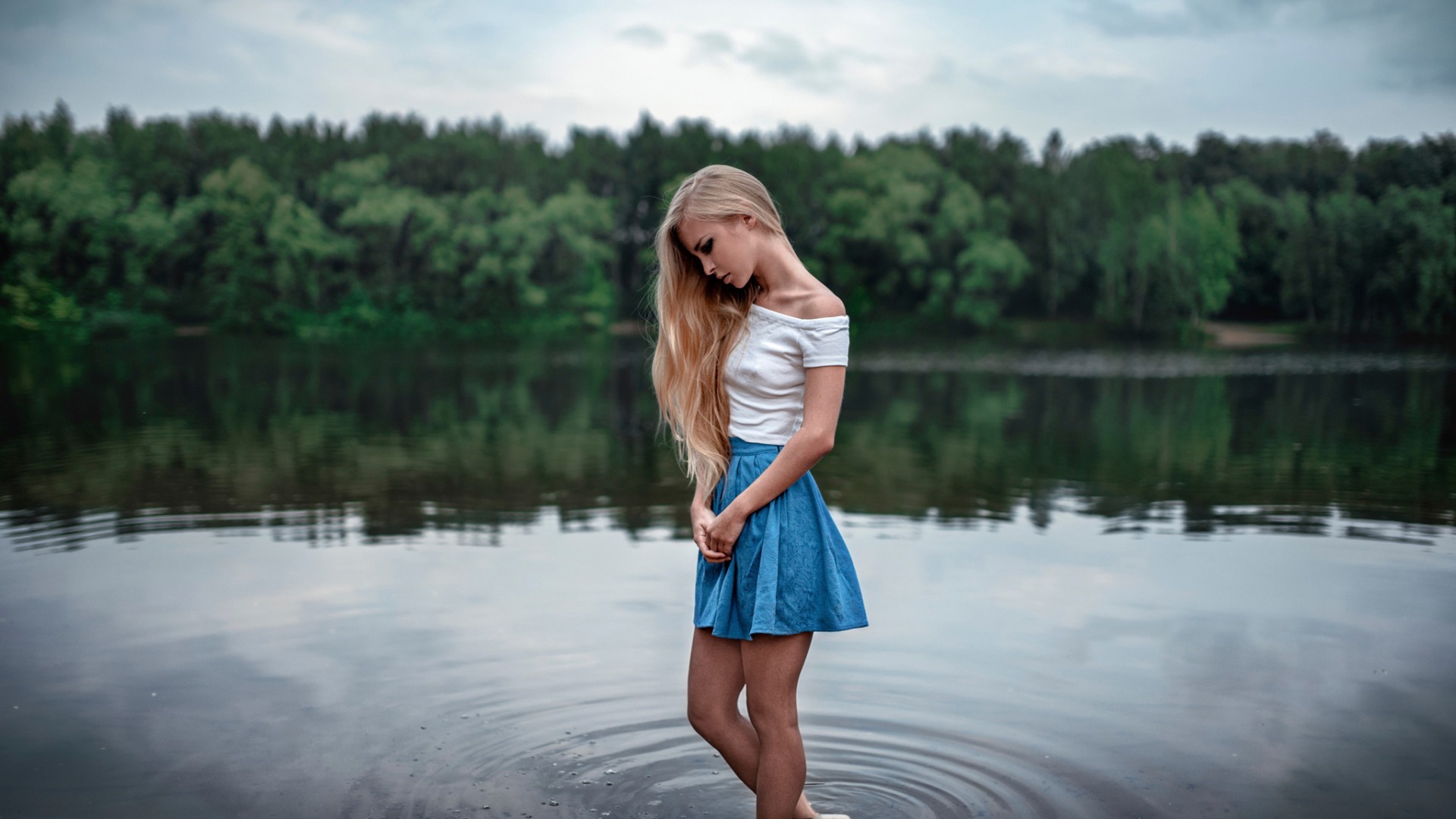 Women Outdoors Blonde Long Hair Skirt River Wavy Hair Bare Shoulders Depth Of Field Blue Skirt Victo 1920x1080