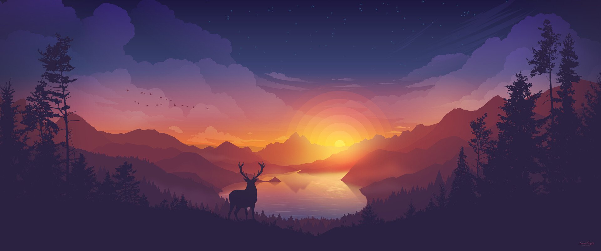 Landscape Valley Lake Forest Colorscape Sunset Elk Deer 1920x804