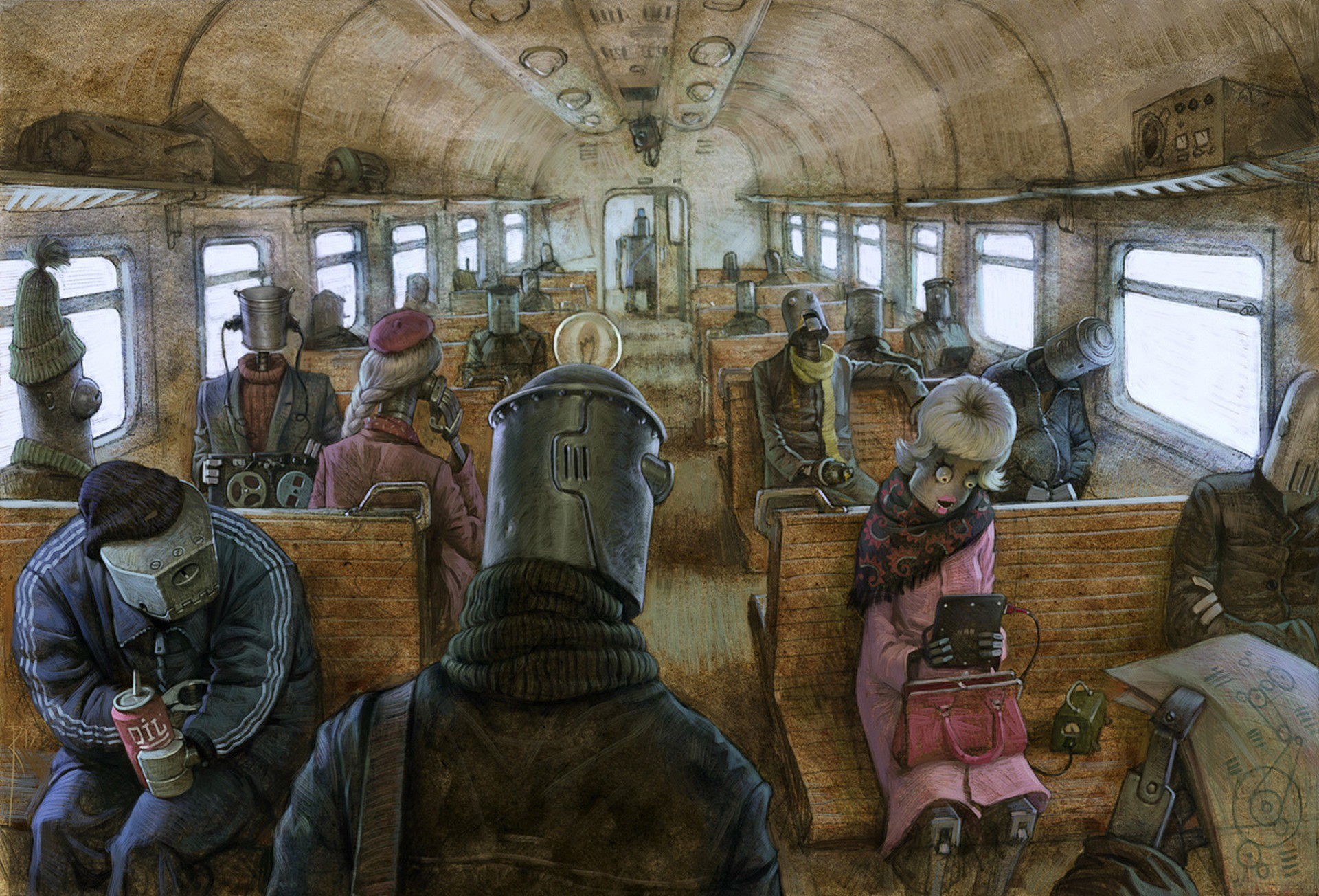 Artwork Drawing Train Vehicle Interiors Metal Crowds Robot Window Machinarium Video Games 1920x1304