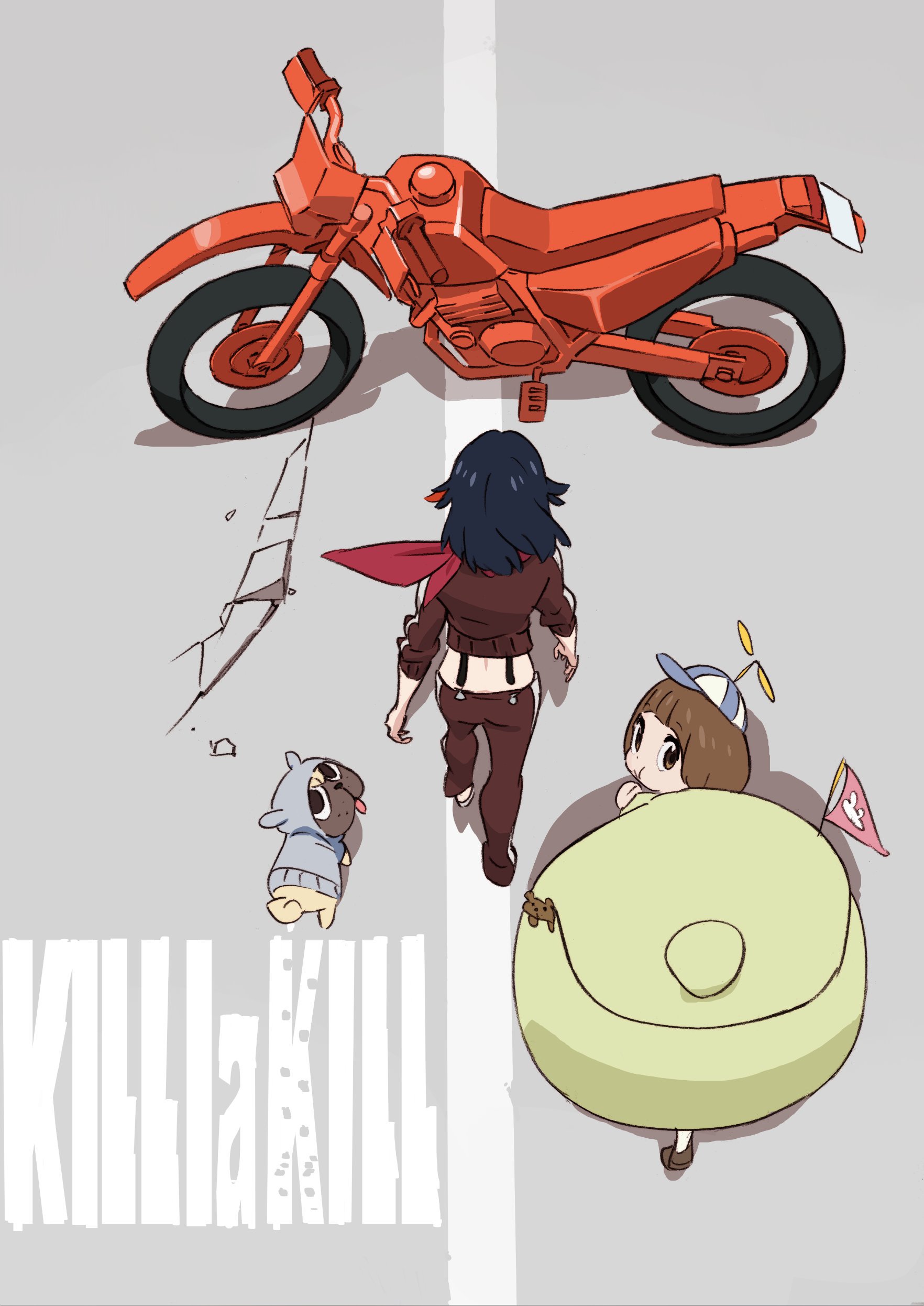 Kill La Kill Anime Girls Crossover Akira Fan Art Vertical Motobike Red Jackets Black Hair Multi Colo 1764x2492