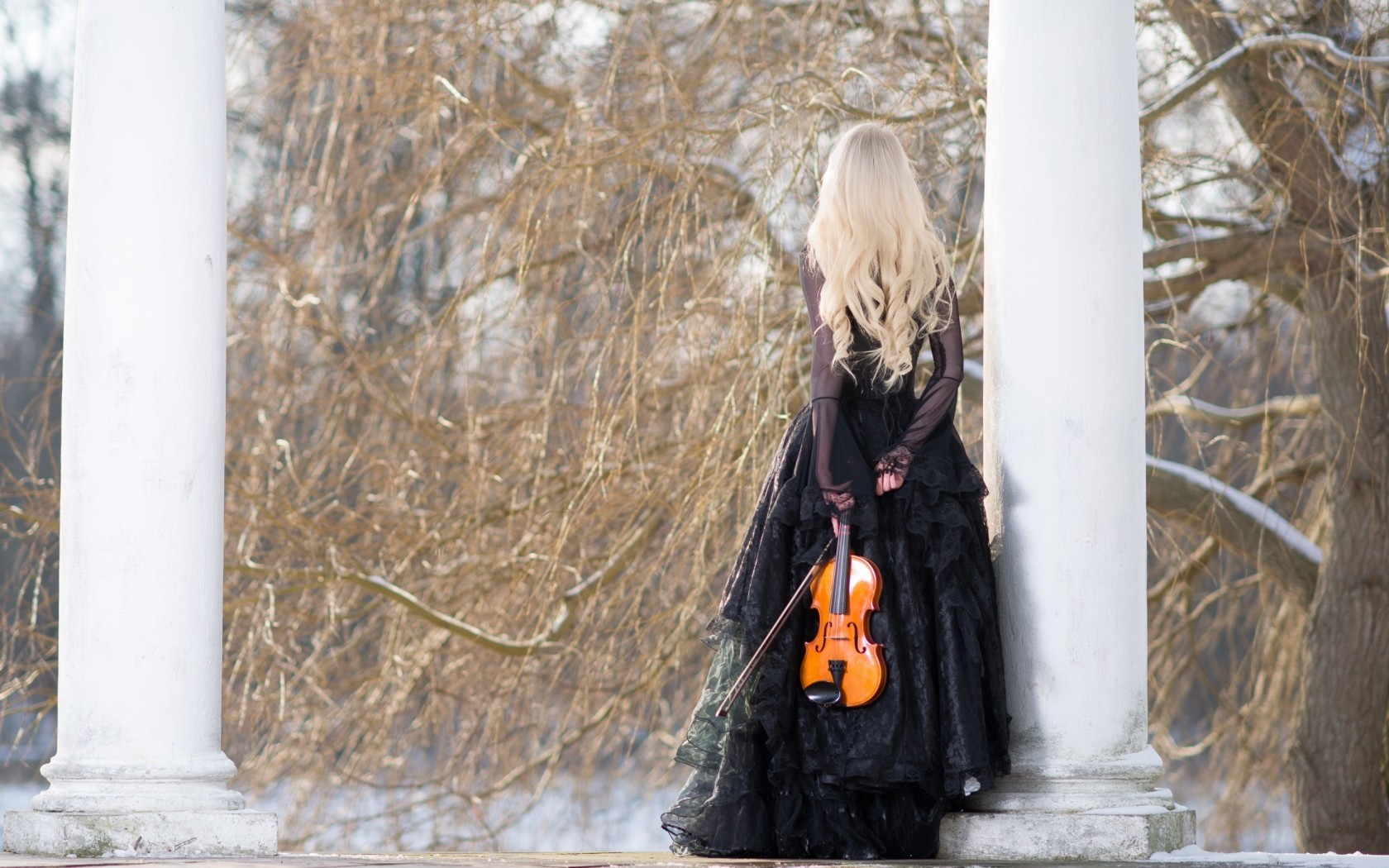 Women Hair Dress Blonde Model Classical Violin Winter Black Classy 1680x1050