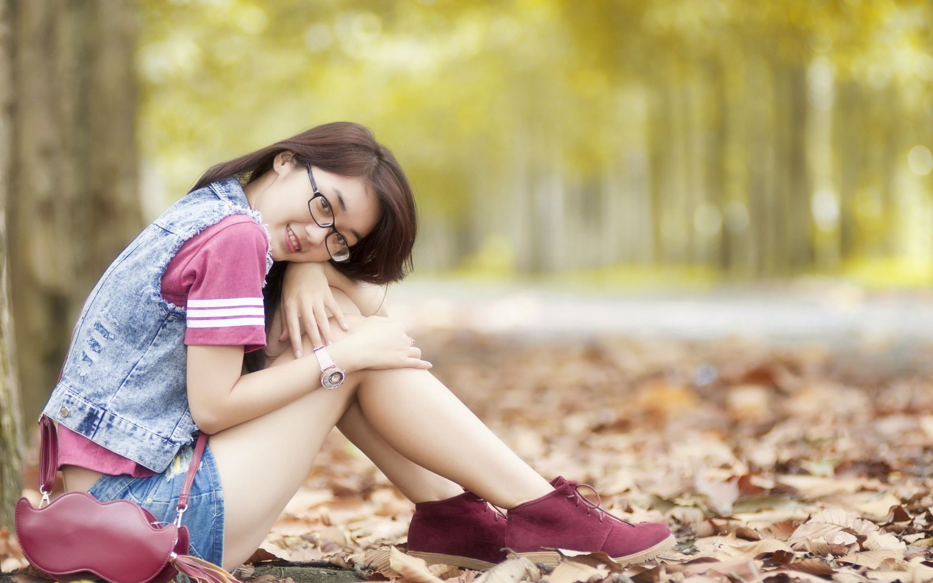 Women Model Long Hair Women Outdoors Sitting Asian Looking At Viewer Nature Trees Forest Fall Leaves 1920x1200