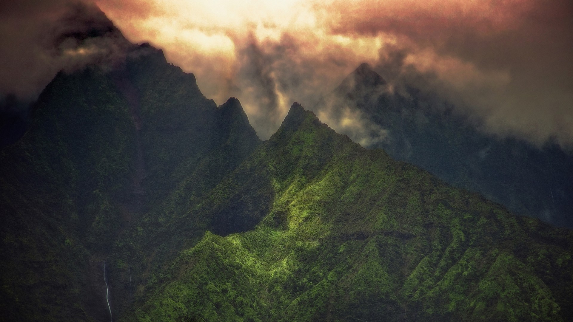 Landscape Nature Clouds Mountains Creeks Green Kauai Summit 1920x1080