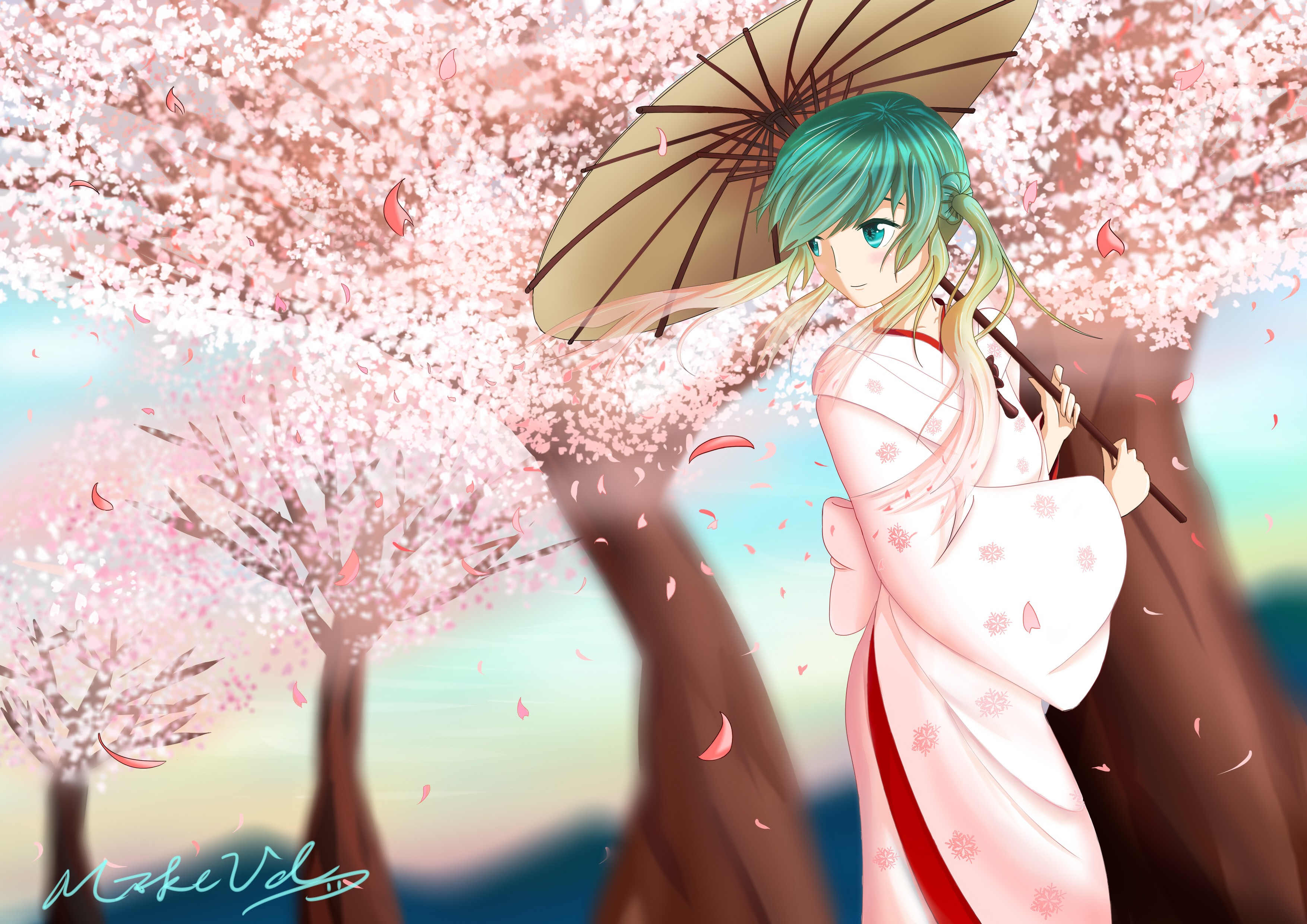 Anime Girls Anime Japanese Umbrella Vocaloid Sakura Miku Hatsune Miku 3507x2480