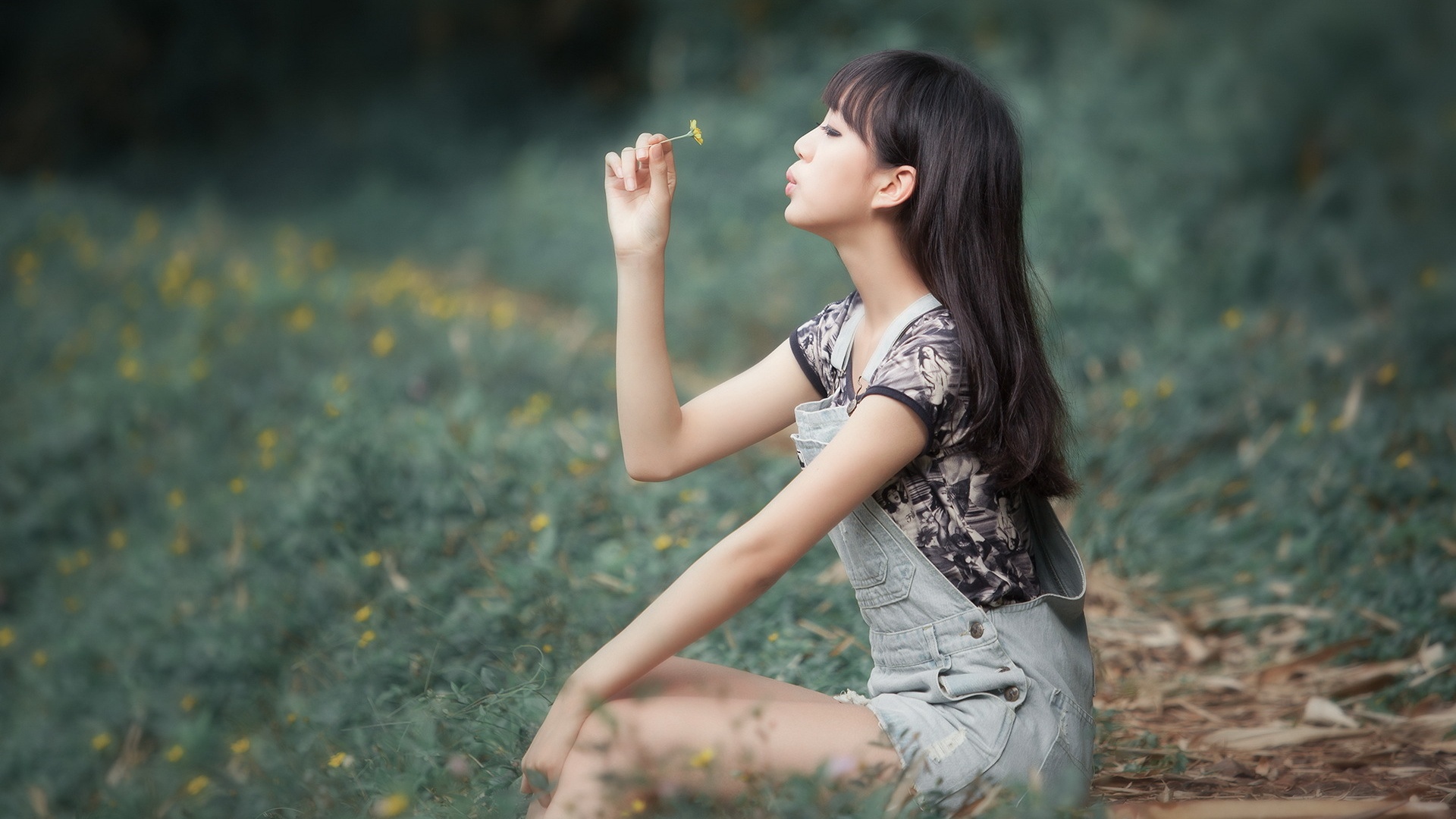 Women Asian Photography Model Long Hair Women Outdoors Dandelion Brunette Side View T Shirt Closed E 1920x1080