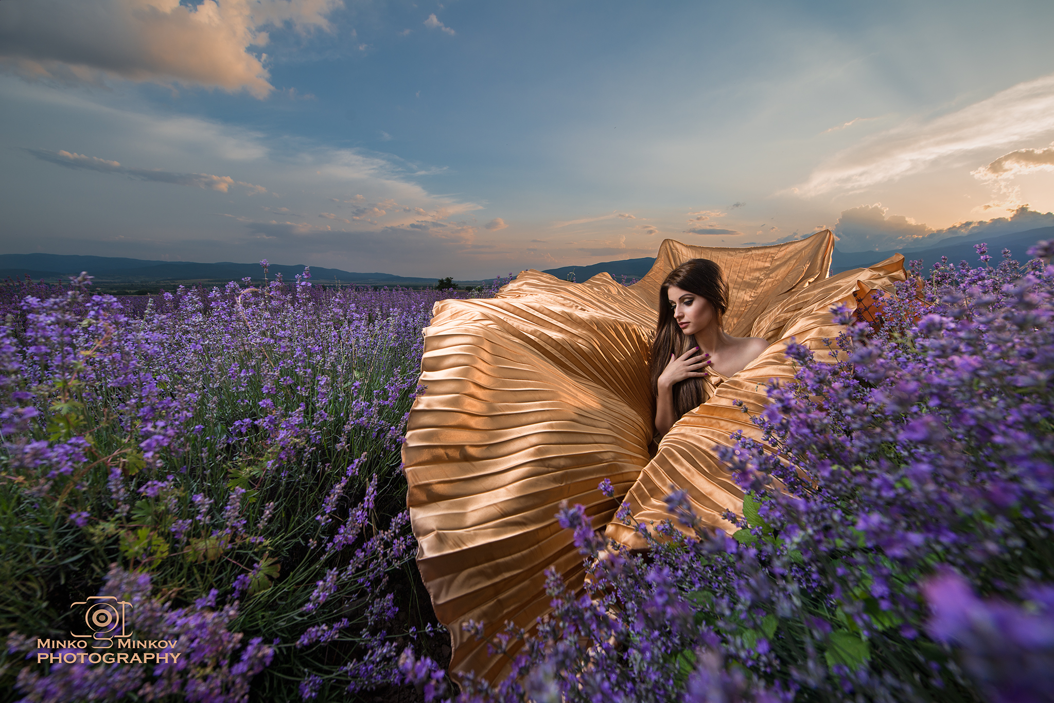 Minko Minkov Flowers Looking Away Clouds Gold Dress Women 2048x1367