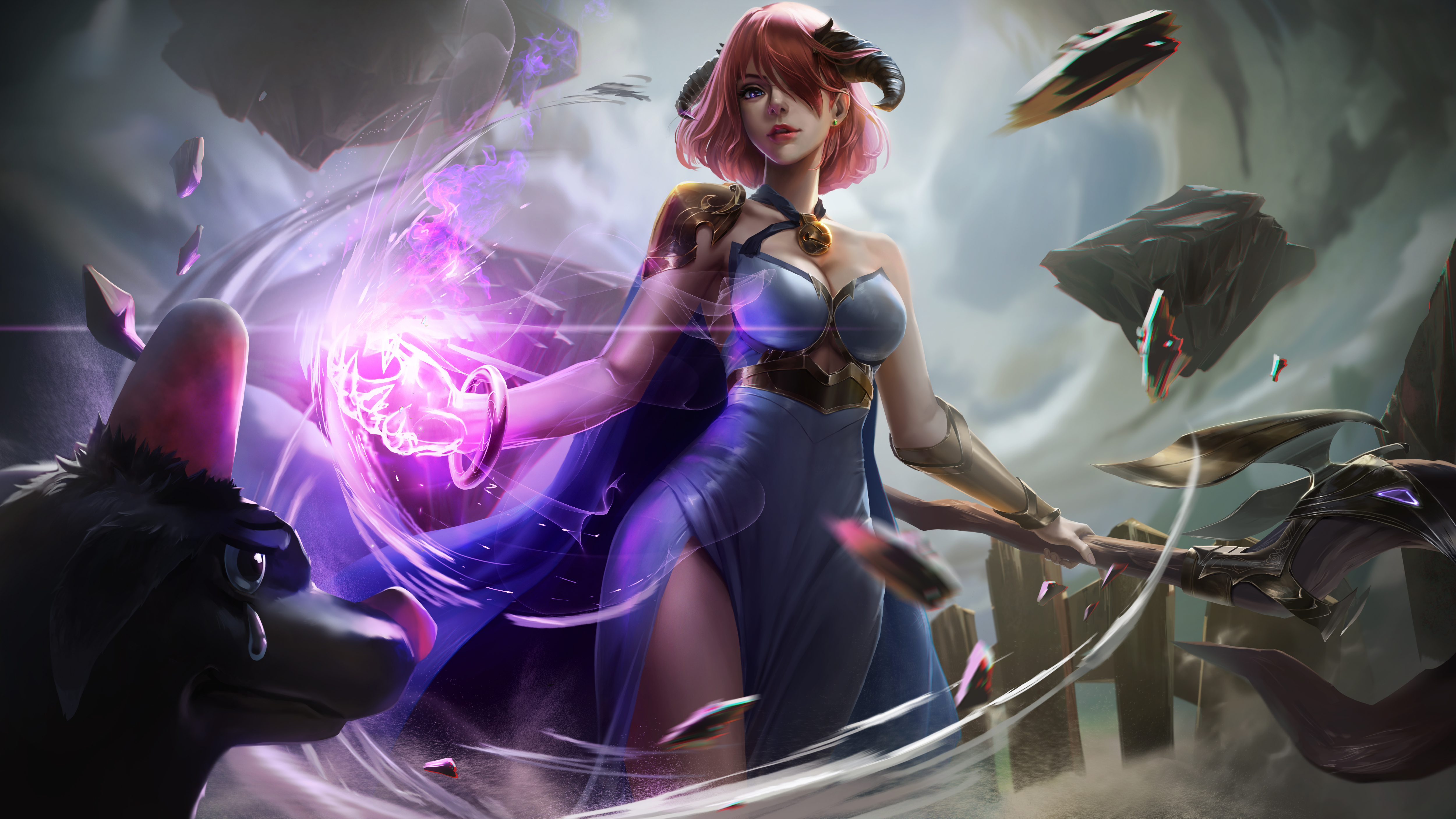Women Fantasy Girl Pink Hair Horns Looking At Viewer Cape Armor Dress Scepters Magic Environment Dog 5000x2812