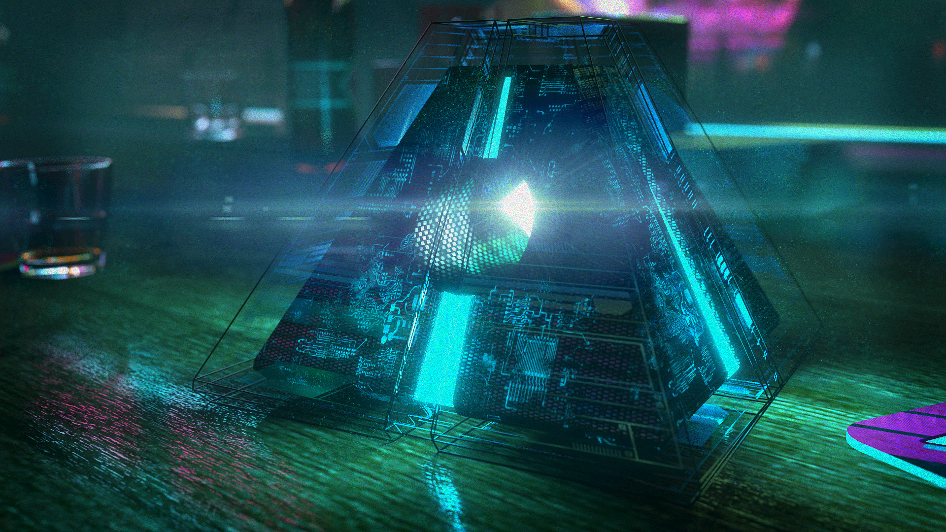 David Legnon Cyberpunk Artifacts Science Fiction Blue Light Pyramid Glass Circuits Glowing Digital A 1920x1080