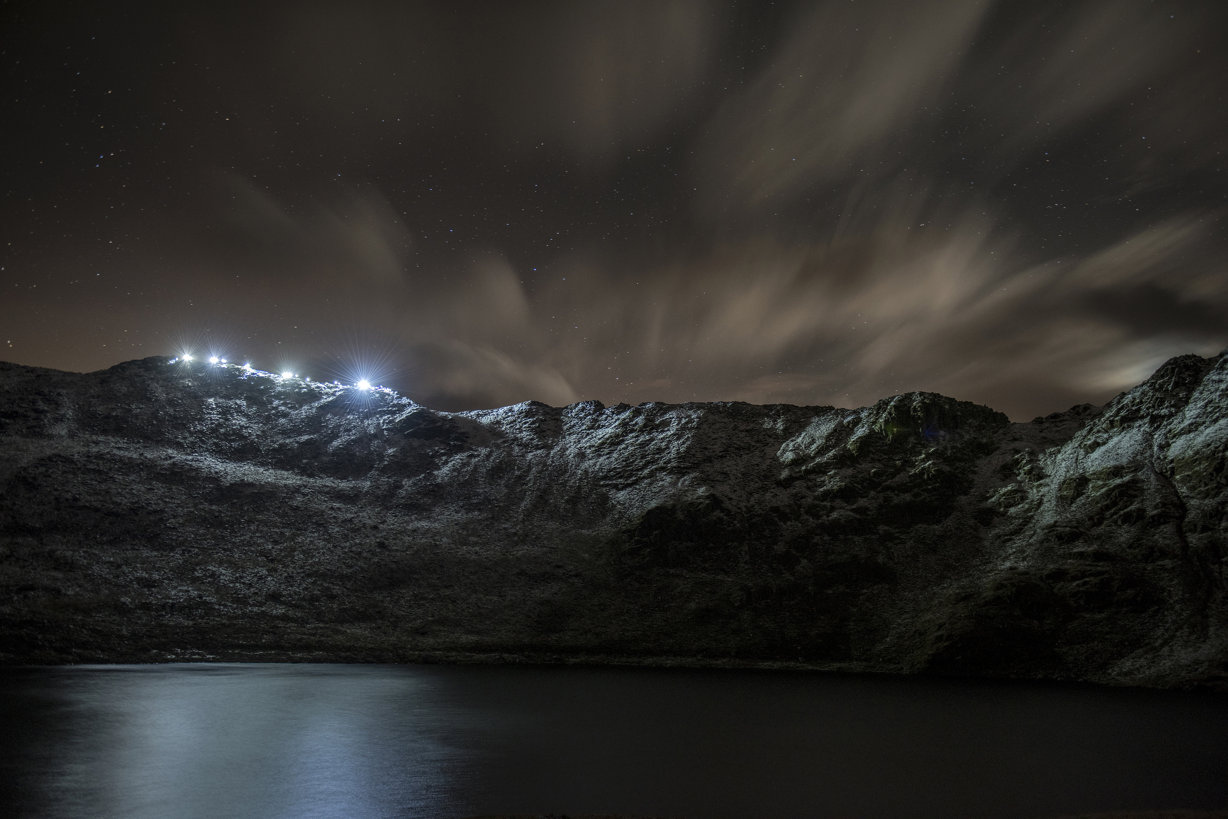 Nature Landscape Mountains Clouds Night Long Exposure Torches Lights Water Stars Reflection 4000x2669