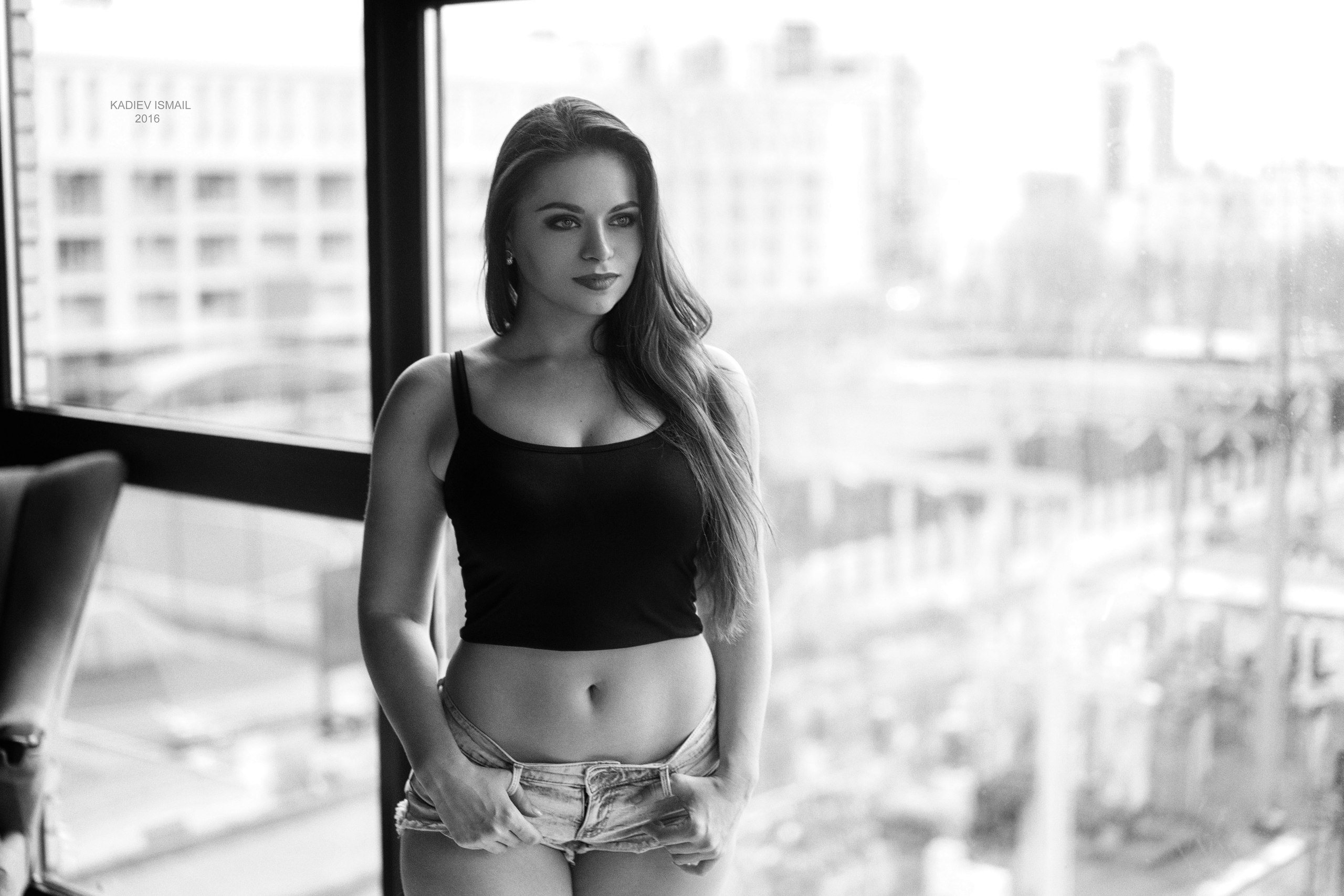 Women Model Kadiev Ismail Monochrome Black Top Long Hair Women Indoors Looking Away Crop Top 2560x1707