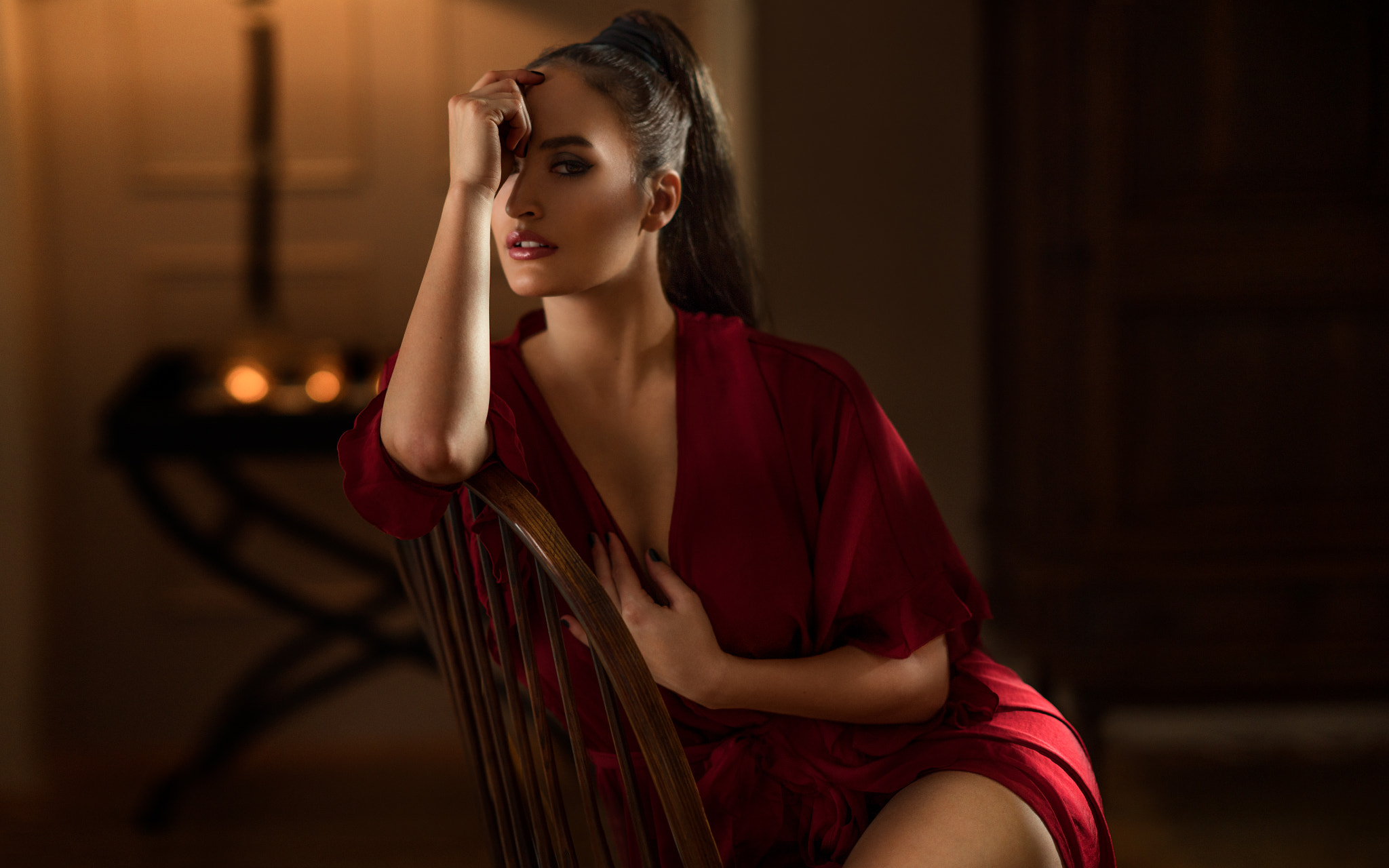 Women Portrait Sitting Depth Of Field Black Nails Red Lipstick Chair Ponytail Red Clothing Looking A 2048x1280