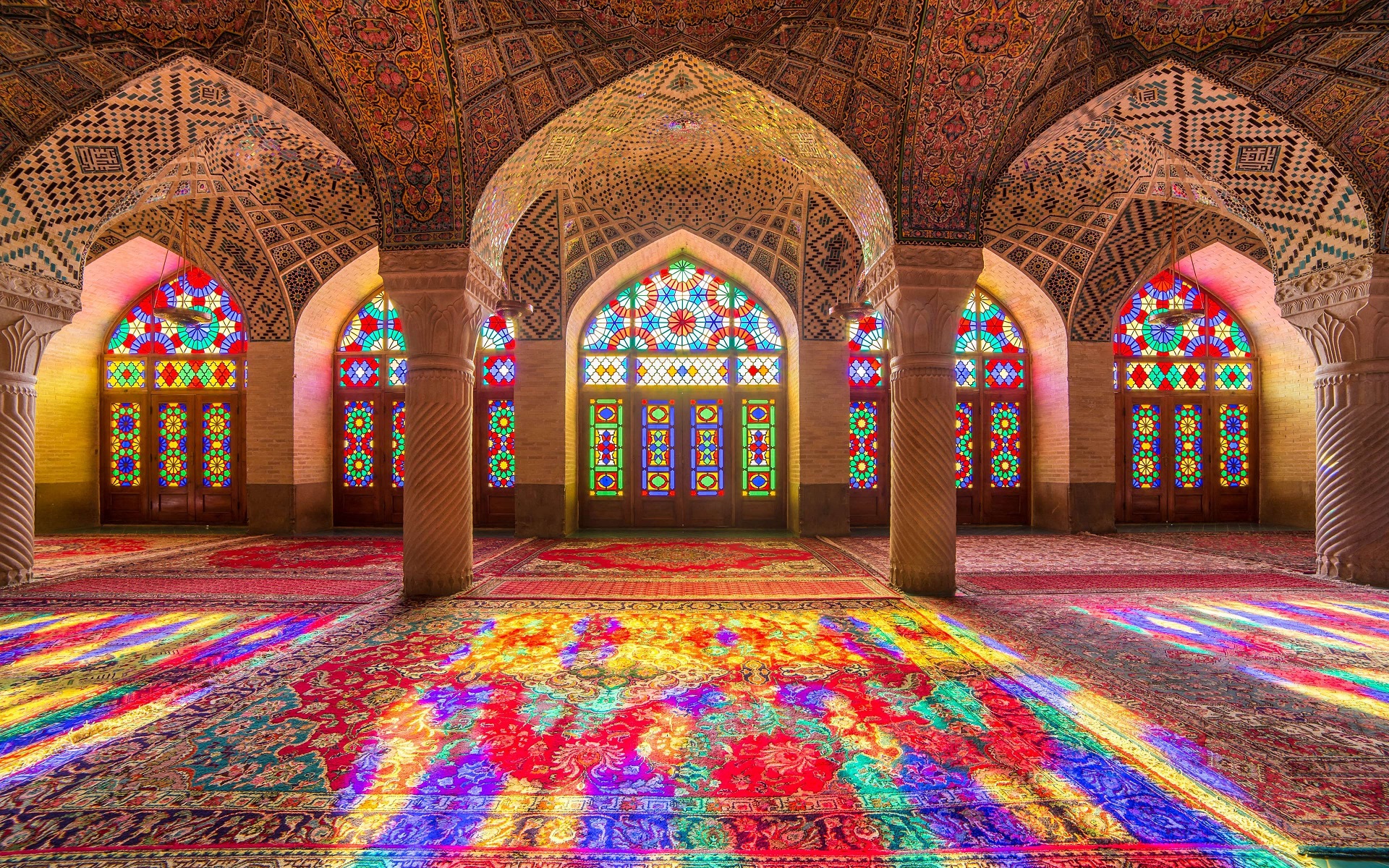 Architecture Islamic Architecture Mosque Colorful Column Arch Indoors Stained Glass Iran Nasir Al Mu 1920x1200