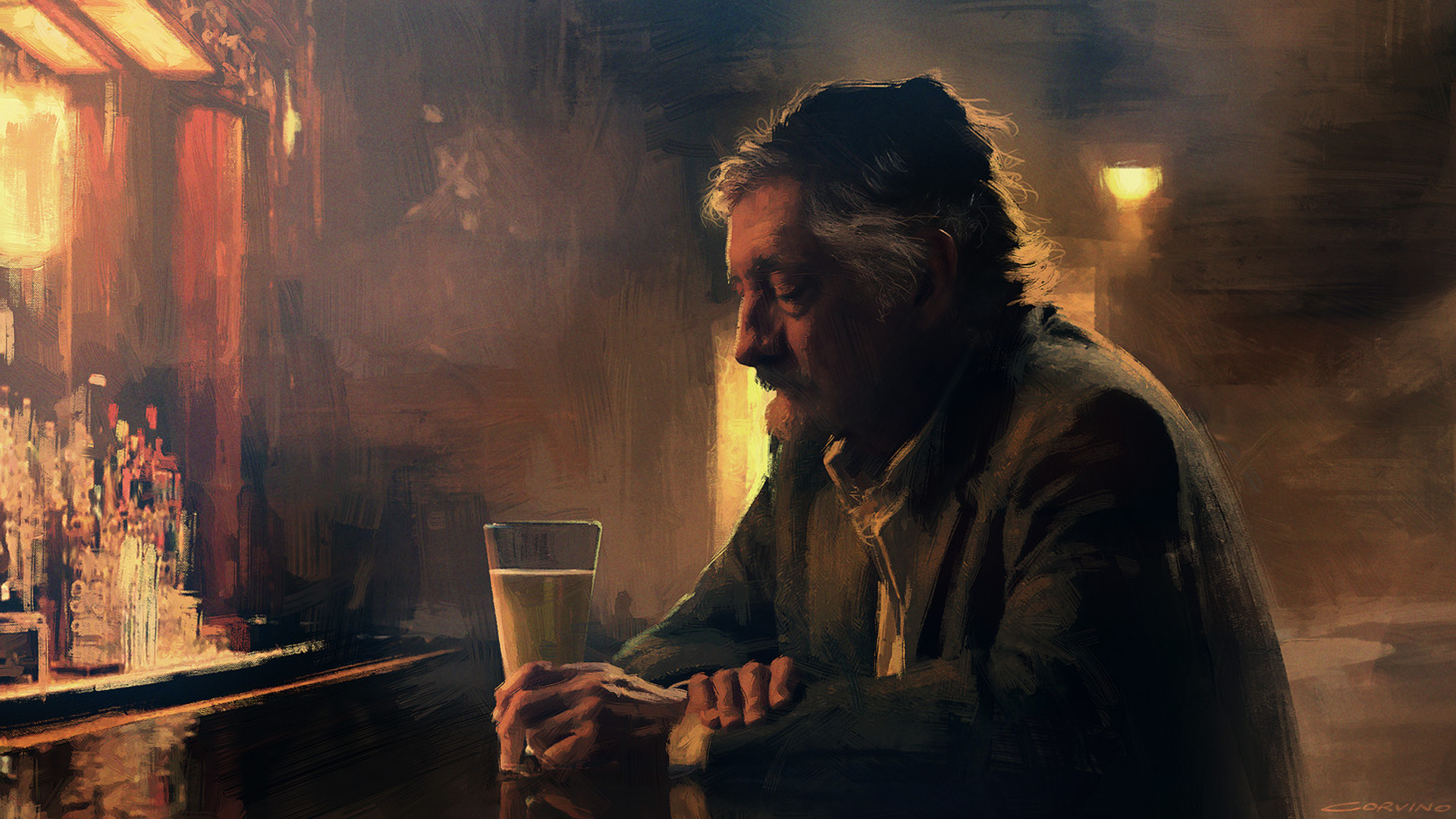 Francesco Corvino Digital Art Artwork Alone Drinking Bar Men 1920x1080