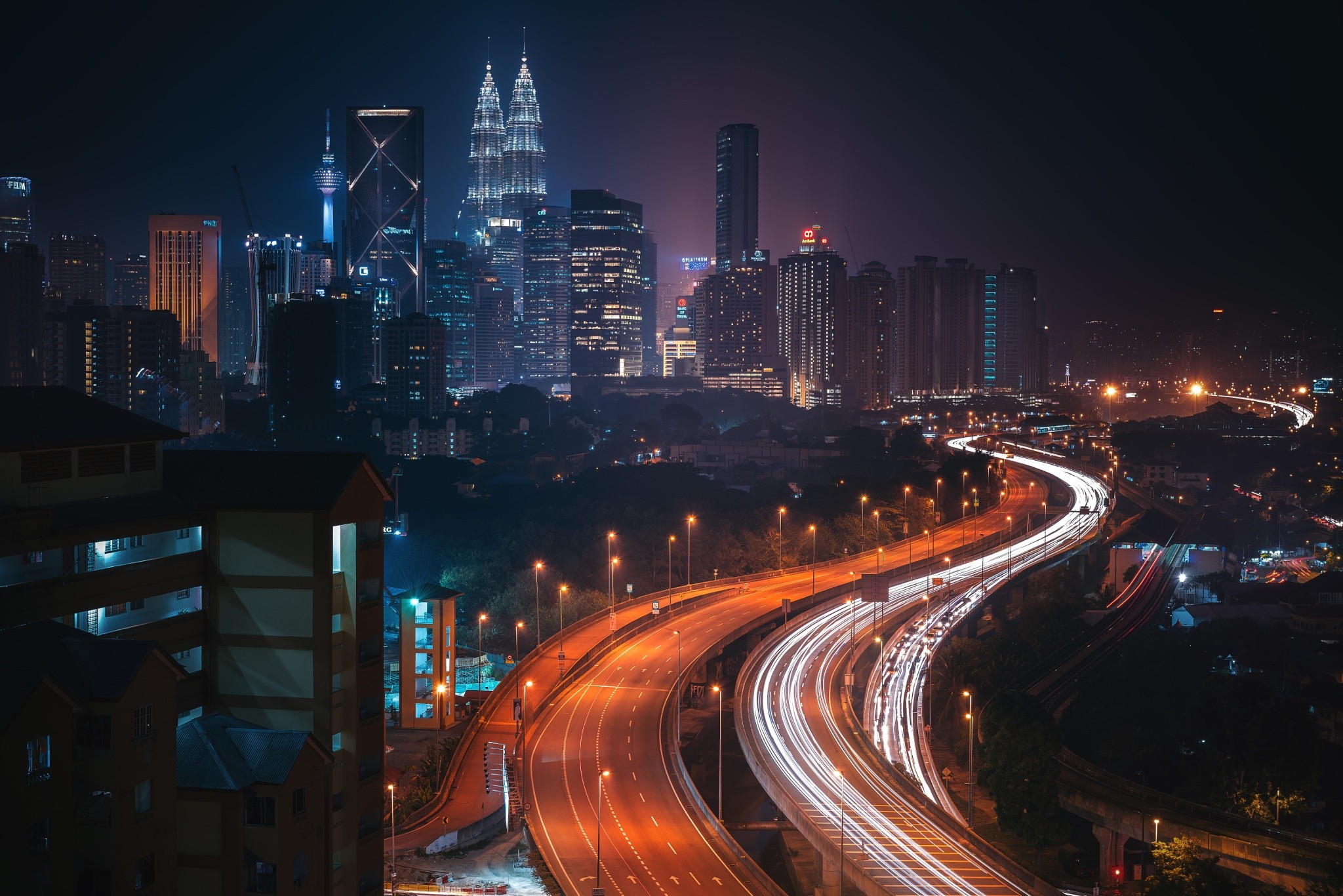 Building Kuala Lumpur City Road Night Malaysia Lights 2048x1367