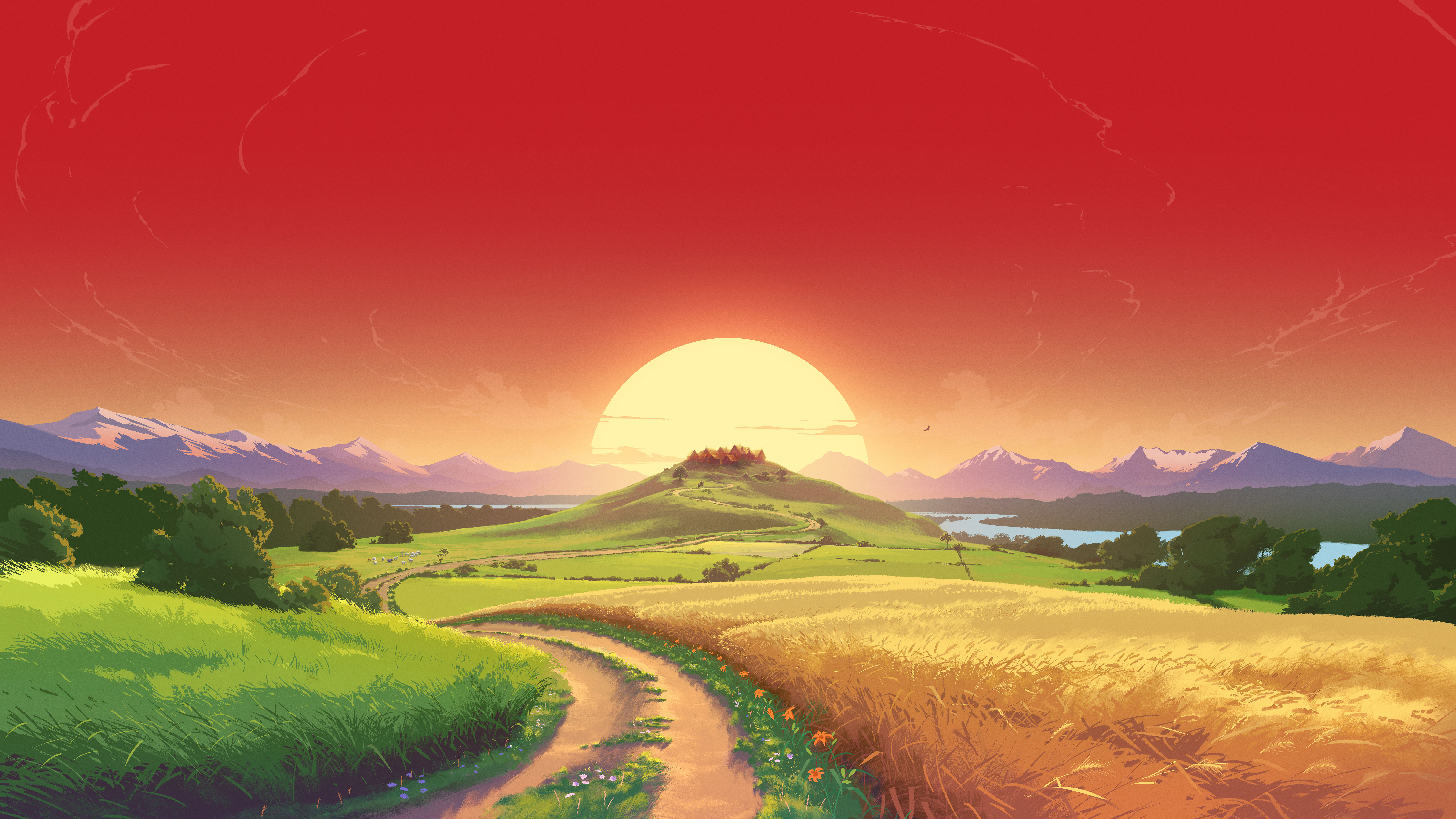 Nature Landscape Artwork Dirt Road Field Sun Trees Mountains Red Sky Hill House Horse Riding Sunset  7680x4320