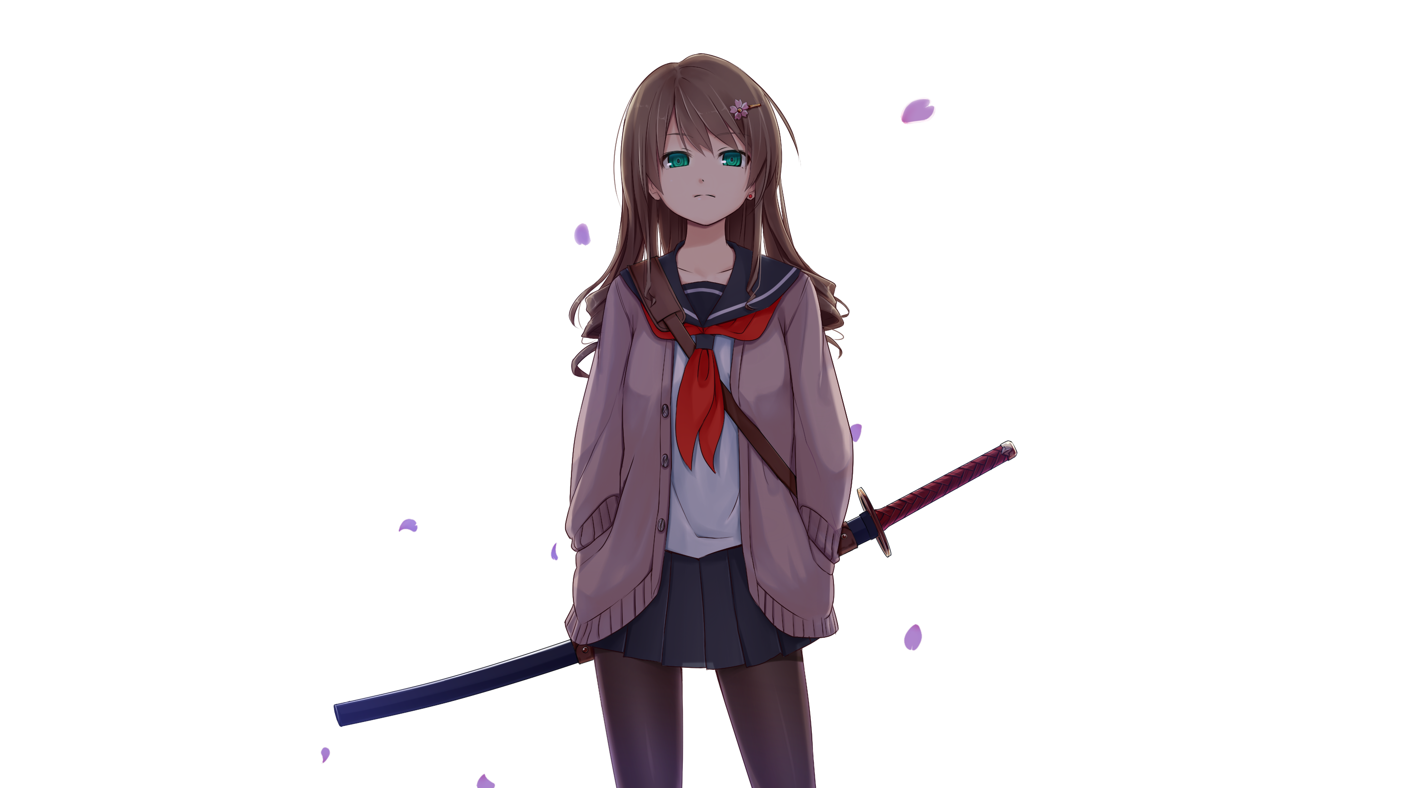 Anime Girls Simple Background Original Characters Jacket Shirt Weapon Sword Katana Long Hair Skirt B 2844x1600