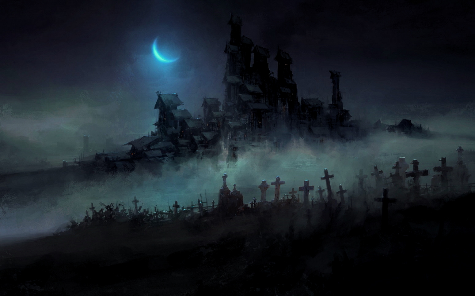 Chris Cold Cemetery Digital Moon Halloween Moonlight Crescent Moon Dark Cross 1550x969