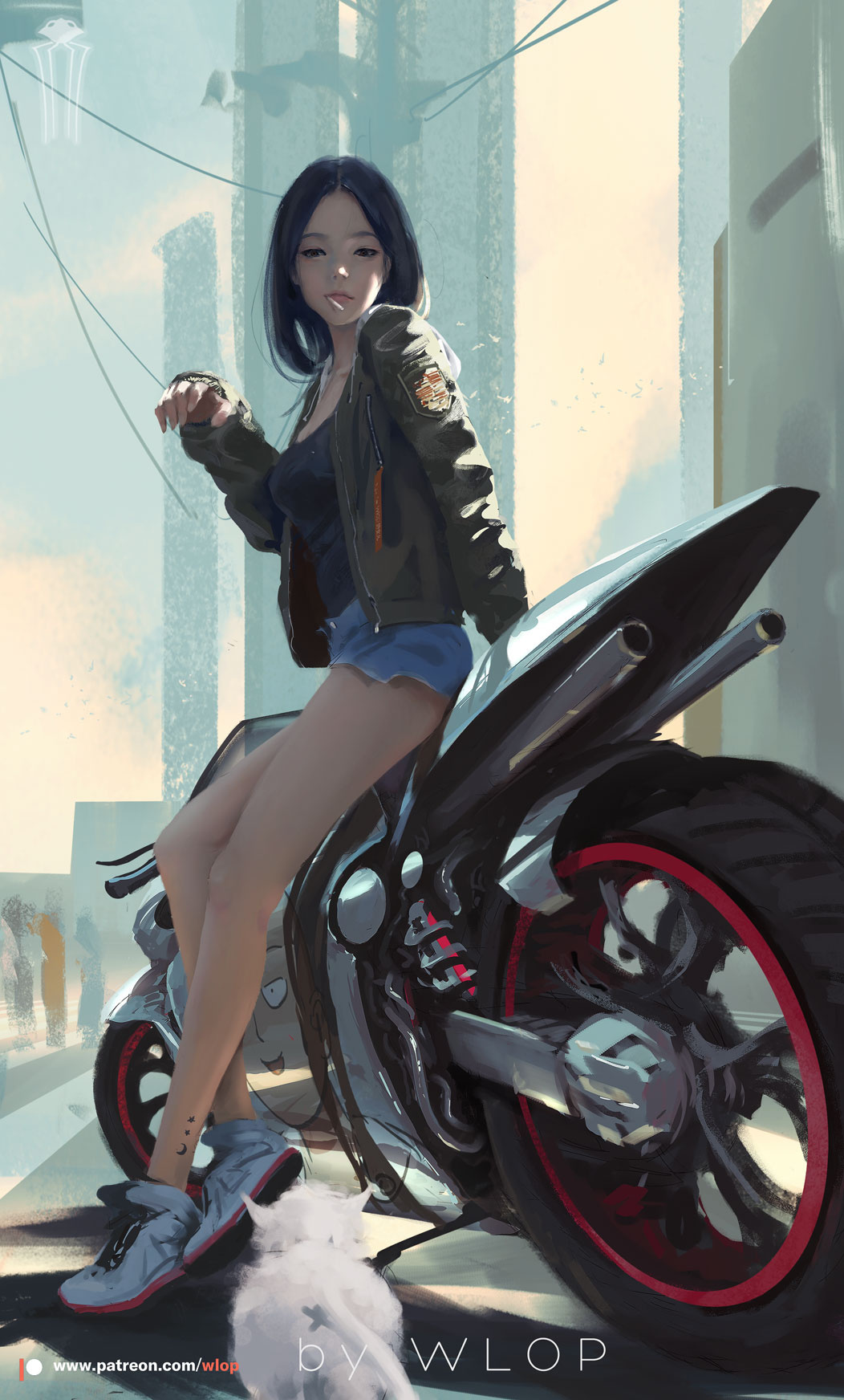 WLOP Anime Girls Motorcycle Lollipop Low Angle Black Hair Long Hair Green Jacket City Cats One Punch 1052x1744