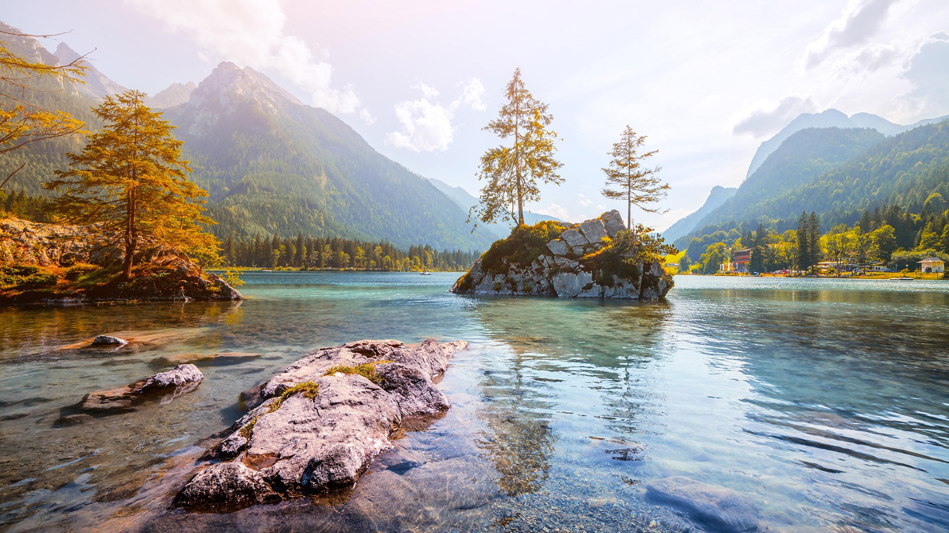 Forest Nature Landscape Summer Mountains Valley Rocks Water Ripples Germany Lake Hintersee 1920x1080