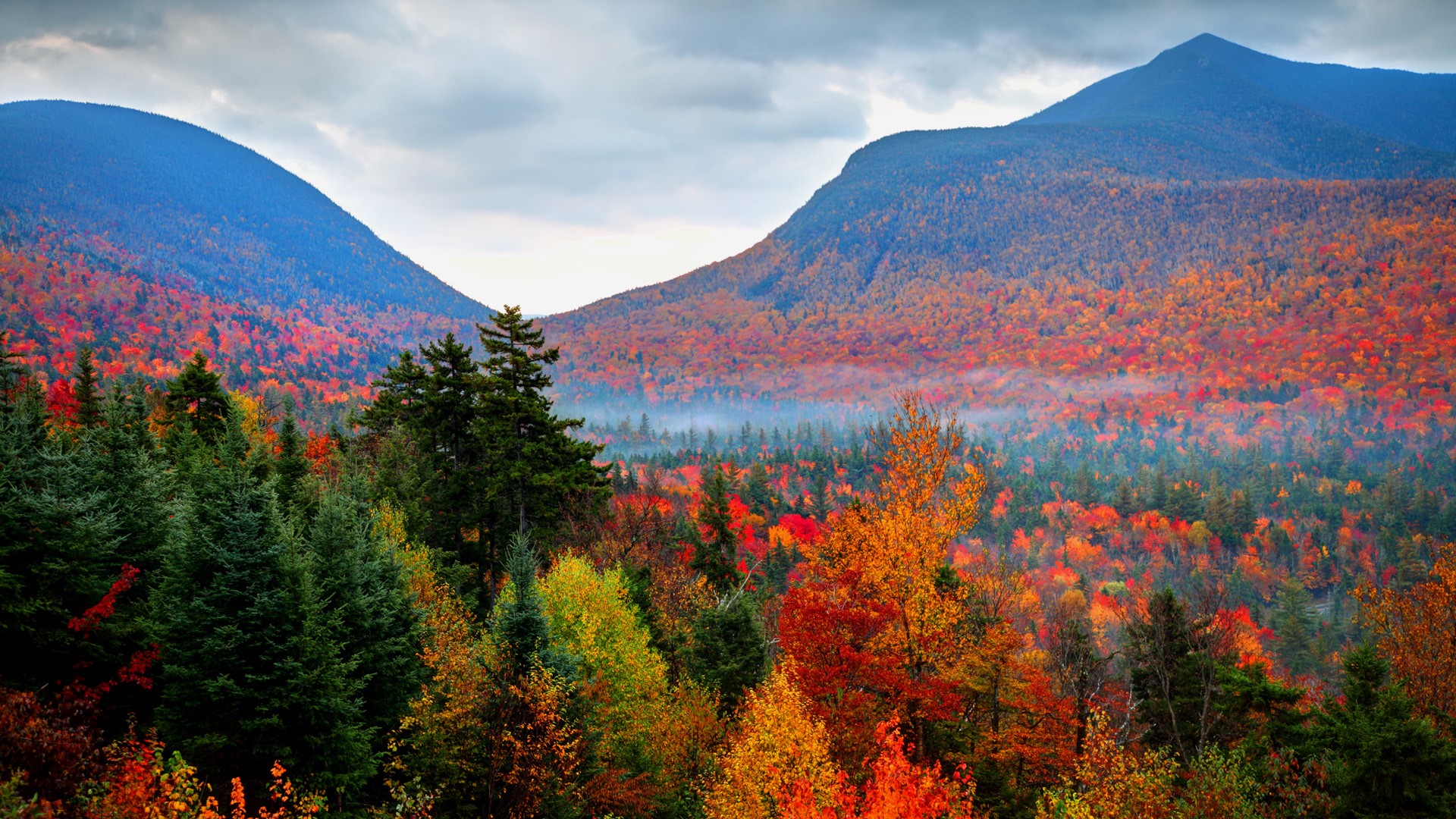 Nature Landscape Fall Mountains Clouds Sky Trees Forest White Mountains New Hampshire USA 1920x1080