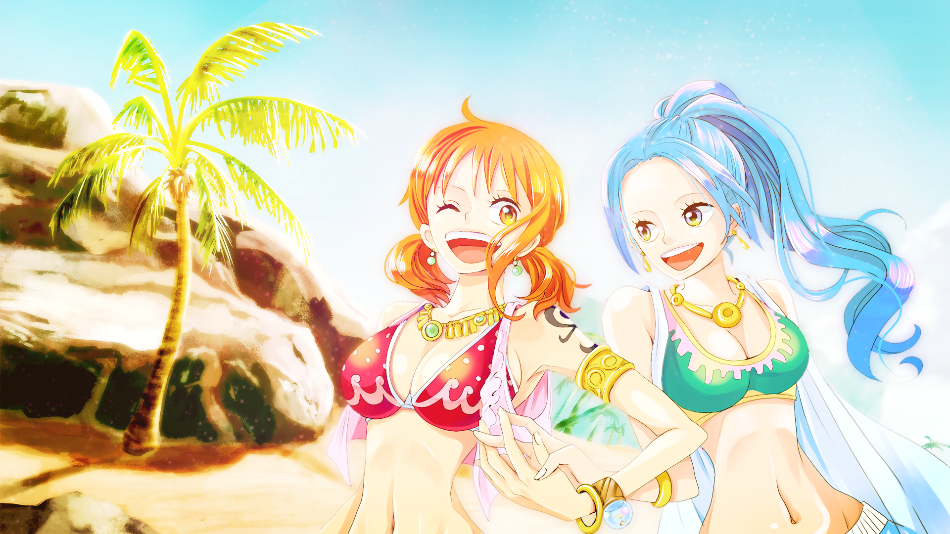 One Piece Nami Nefertari Vivi Anime Beach Anime Girls Happiness Lights 1920x1080