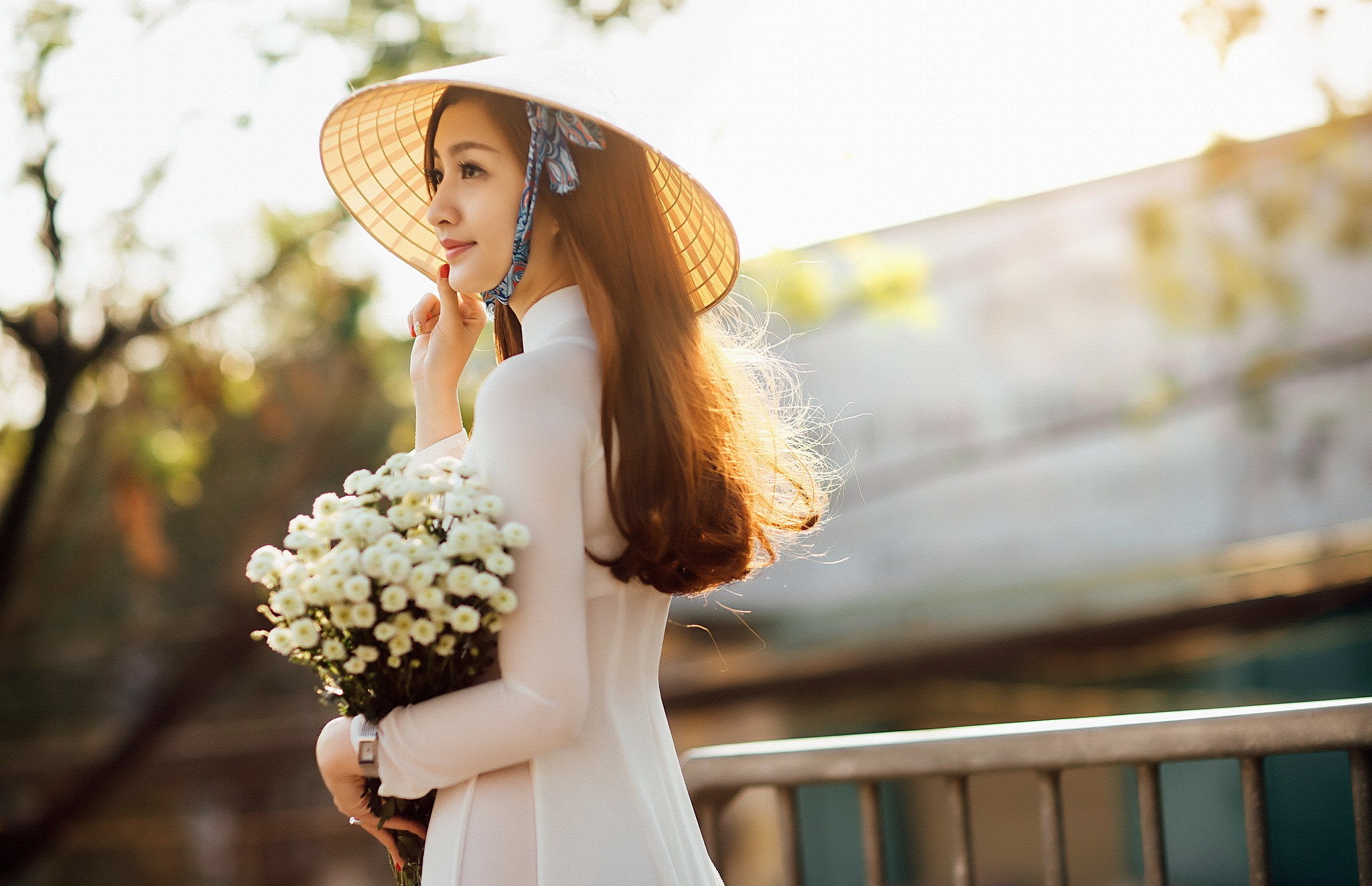 Hat Flowers Asian Women Model Ao Dai Vietnamese Non La 2048x1322