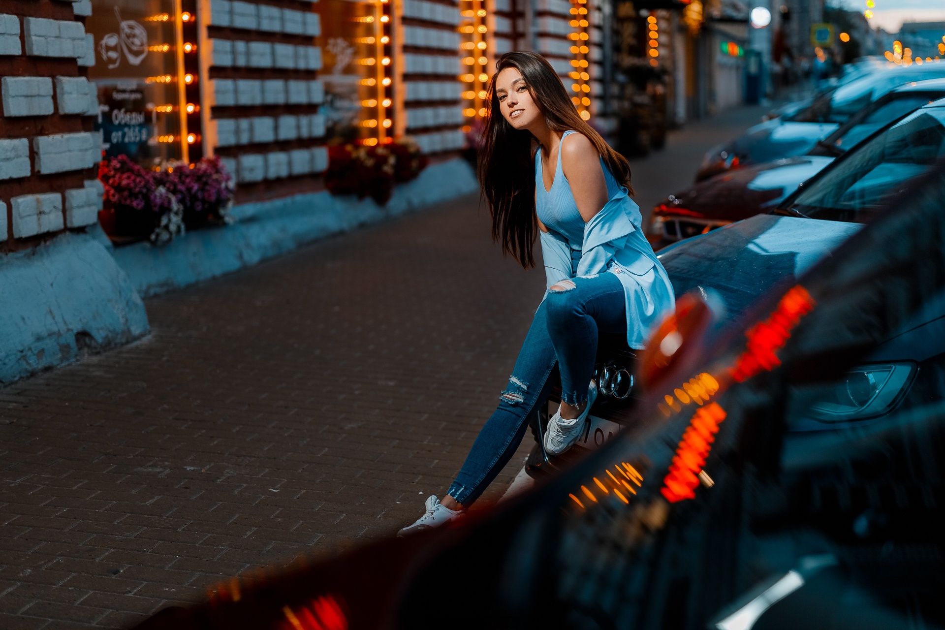 Car Urban Vehicle Women Women With Cars Model Pavel Ermakov Brunette Long Hair Tank Top Torn Jeans 1920x1280