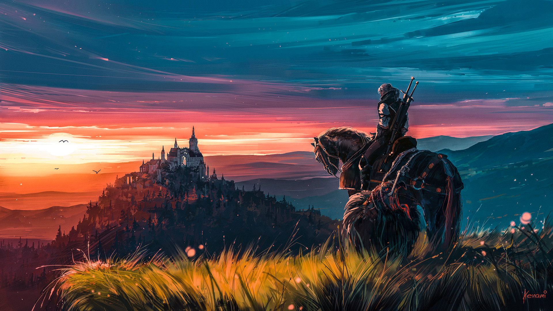 Warrior Horse Painting Sky Aenami Video Games The Witcher Geralt Of Rivia The Witcher 3 Wild Hunt Bl 1920x1080
