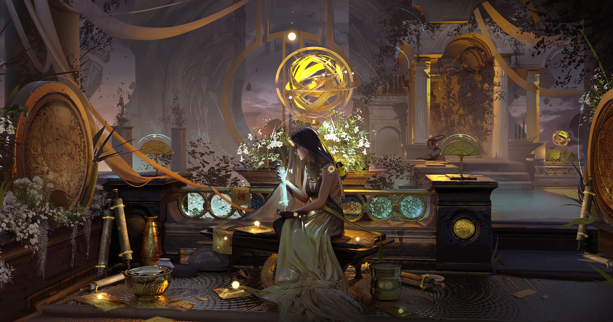 Magdalena Radziej Digital Art Fantasy Art Fantasy Girl Sitting Scrolls Indoors Sphere Gold Profile F 2000x1053