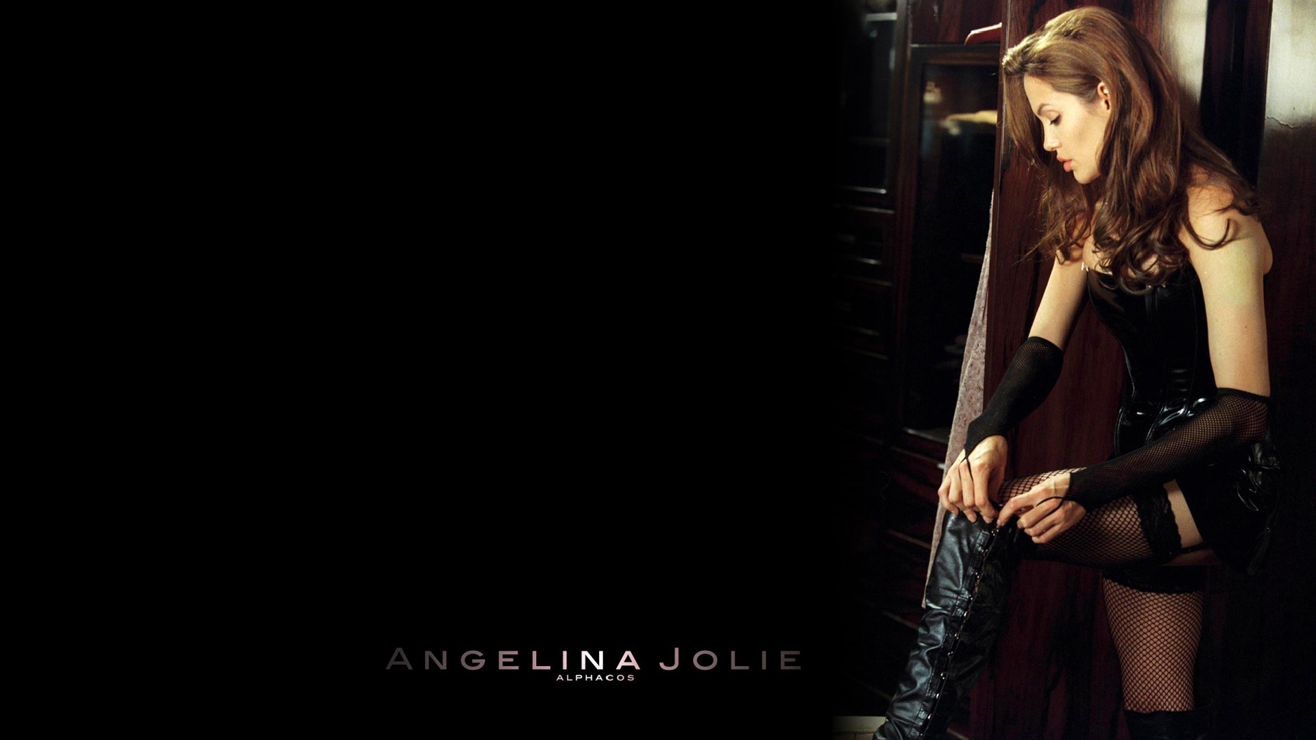Angelina Jolie Woman Black Dress Fishnet Thigh Highs Boots Long Hair 1920x1080
