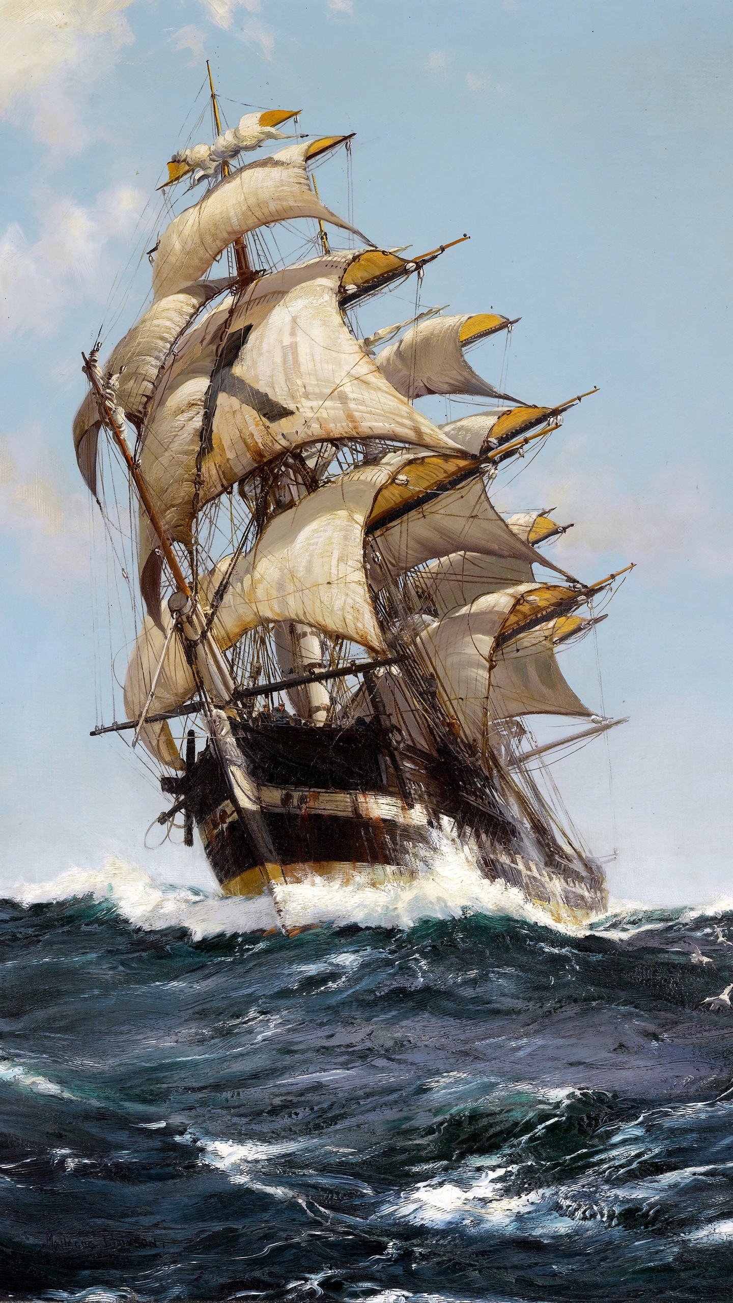 Artwork Classic Art Painting Sailing Ship Portrait Display Clouds Sea Waves Sailor 1440x2560