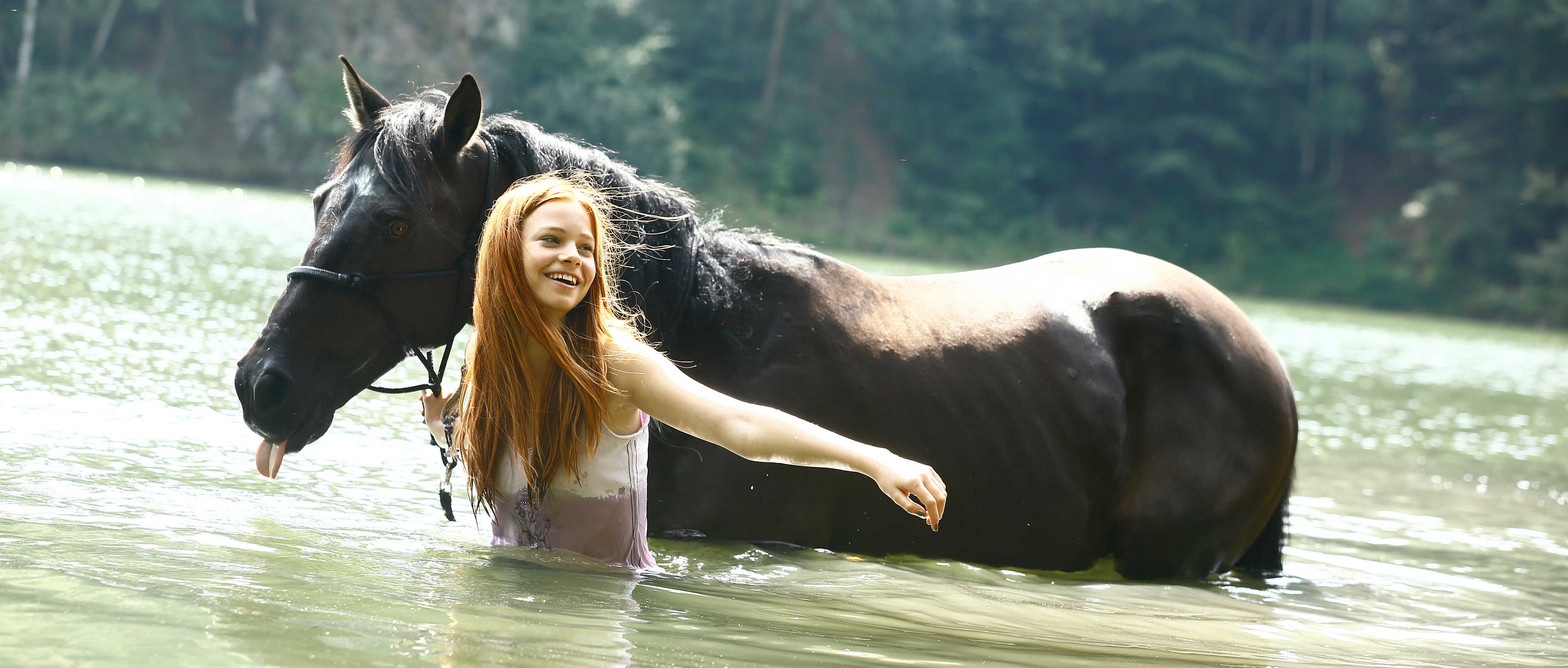 Women Wet Horse Redhead Laughing Women With Horse 5758x2454