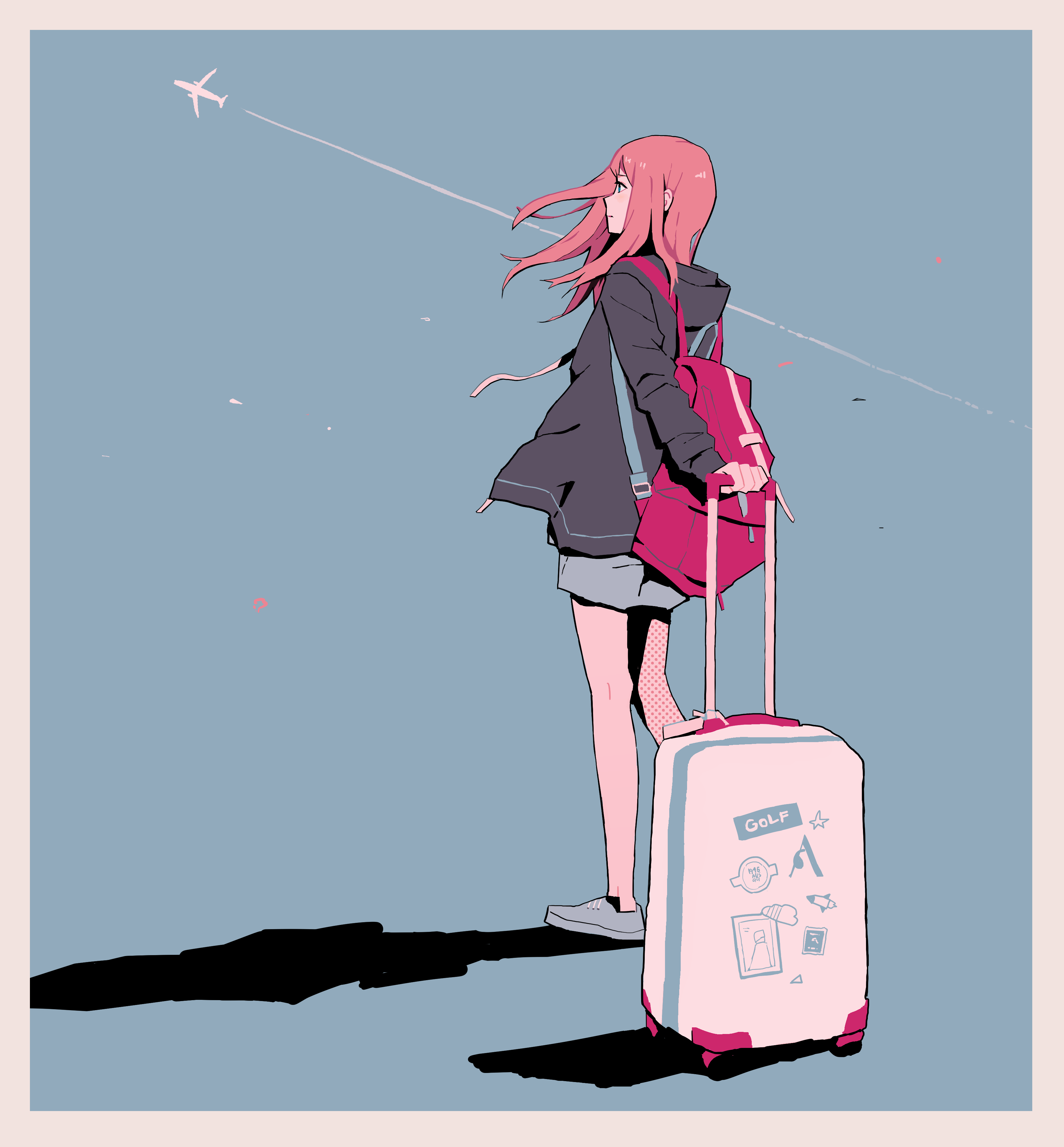 Anime Girls Traveller Suitcase Pink Hair Anime Aircraft Standing 3520x3796