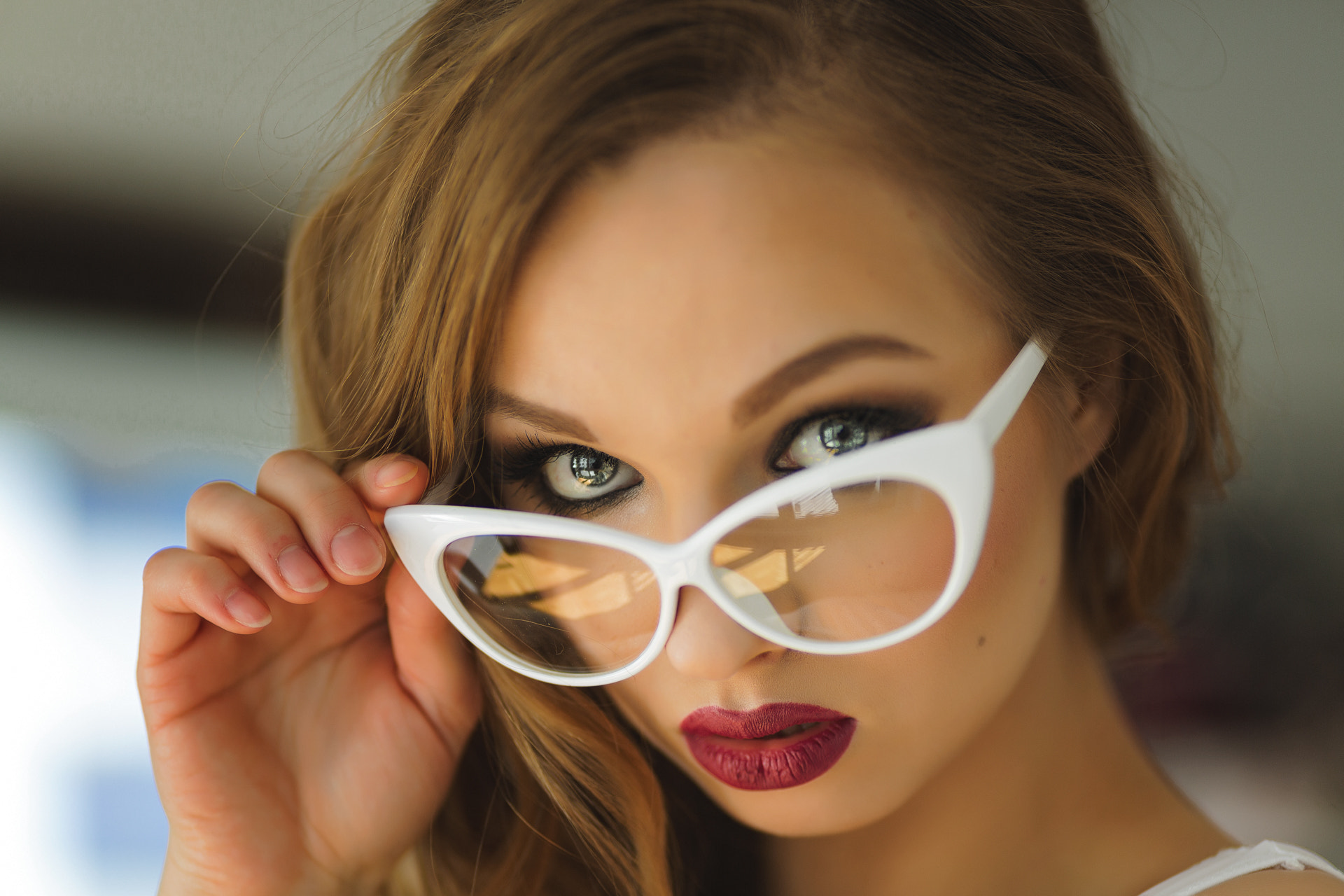 Women Blonde Red Lipstick Women With Glasses Face Portrait Touching Glasses 1920x1280